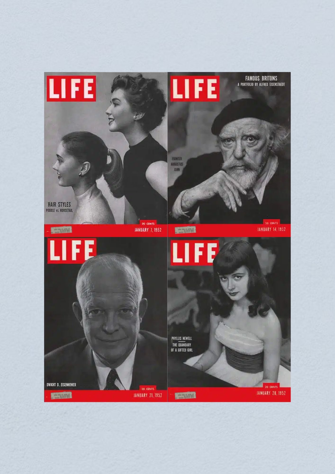 Life Magazine Lot of 4 Full Month January 1952 featuring the issues from January 7, 14, 21, and 28. Cover illustration showcasing hair styles and notable figures from the era.