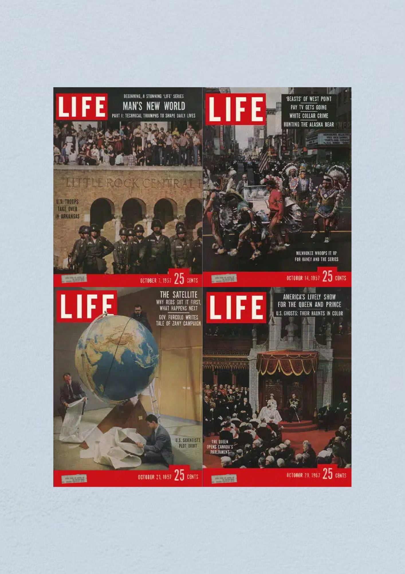 Life Magazine Lot of 4 Full Month October 1957 covers featuring significant events from the Civil Rights Era including school integration, the Baseball World Series, cultural insights, and entertainment. Issues dated October 7, 14, 21, and 28, 1957.