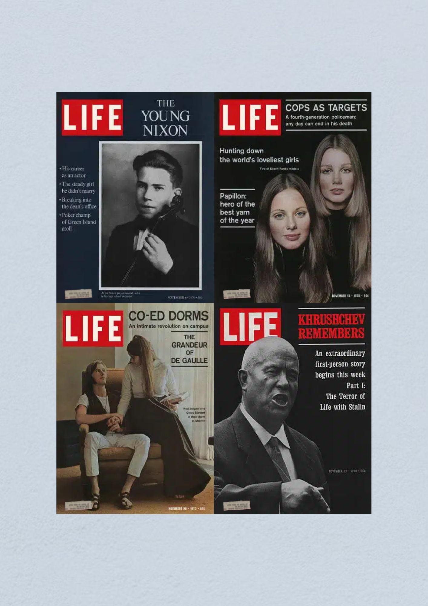 Life Magazine Lot of 4 Full Month November 1970 featuring covers from November 6, 13, 20, and 27. Includes issues titled 'The Young Nixon', 'Cops as Targets', 'Co-Ed Dorms', and 'Khrushchev Remembers', highlighting significant events from the Space Race era.