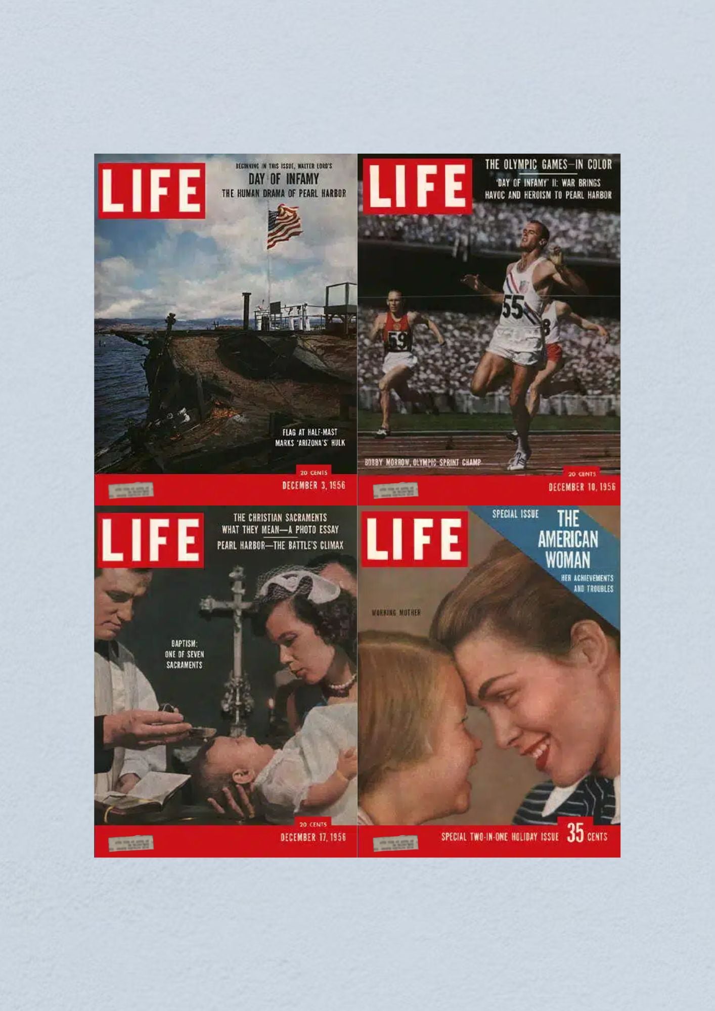 Life Magazine Lot of 4 Full Month December 1956 featuring covers from the Civil Rights Era, including U.S.S. Arizona, Olympic Champion Bobby Morrow, a baptism scene, and a Christmas edition highlighting American women.