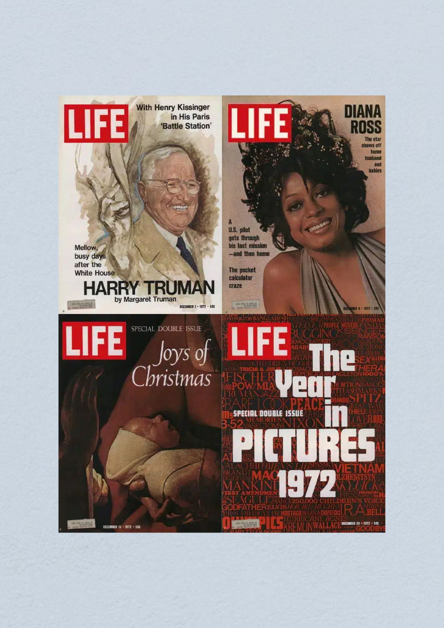 Life Magazine Lot of 4 Full Month of December 1972, featuring covers for December 1, 8, 15, and 29, highlighting Harry Truman, Diana Ross, a Christmas special, and the Year in Pictures.