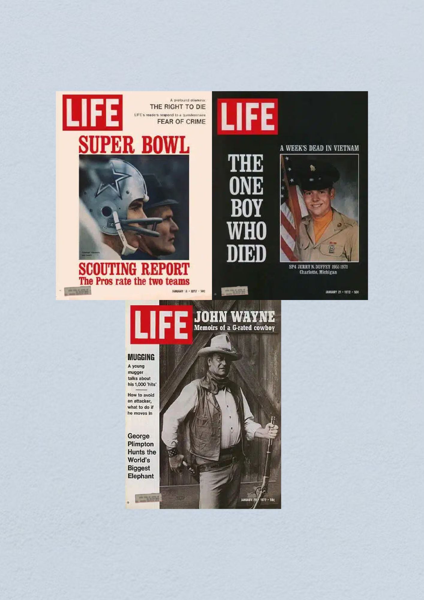 Life Magazine Lot of 3 Full Month of January 1972 featuring covers from January 14 showing Super Bowl coverage, January 21 about the Vietnam War, and January 28 showcasing John Wayne's memoirs.