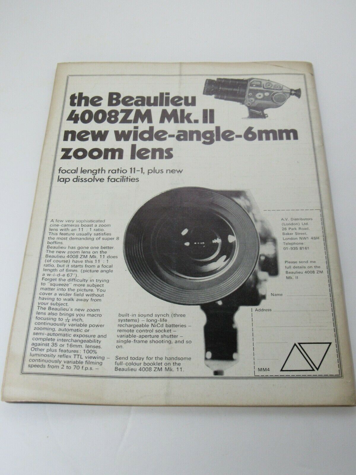 MOVIE MAKER Magazine April 1973 cover featuring the Beaulieu 4008ZM Mk. II new wide-angle 6mm zoom lens with detailed text and lens illustration, vintage advertisement.