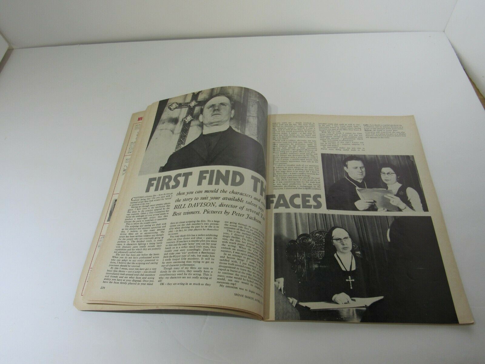 Inside pages of MOVIE MAKER Magazine April 1973 showcasing an article titled 'First Find The Faces' by Bill Davison, with images and text related to film characters and talent.