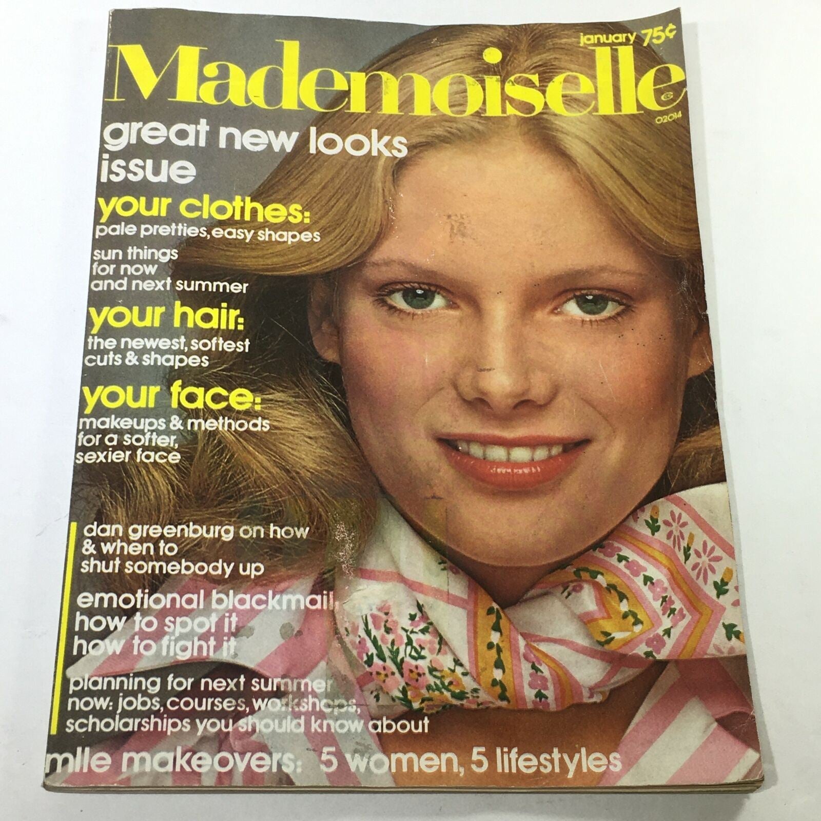 Mademoiselle Magazine January 1975 cover showcasing the Great New Looks issue with fashion tips for clothes, hair, and makeup.
