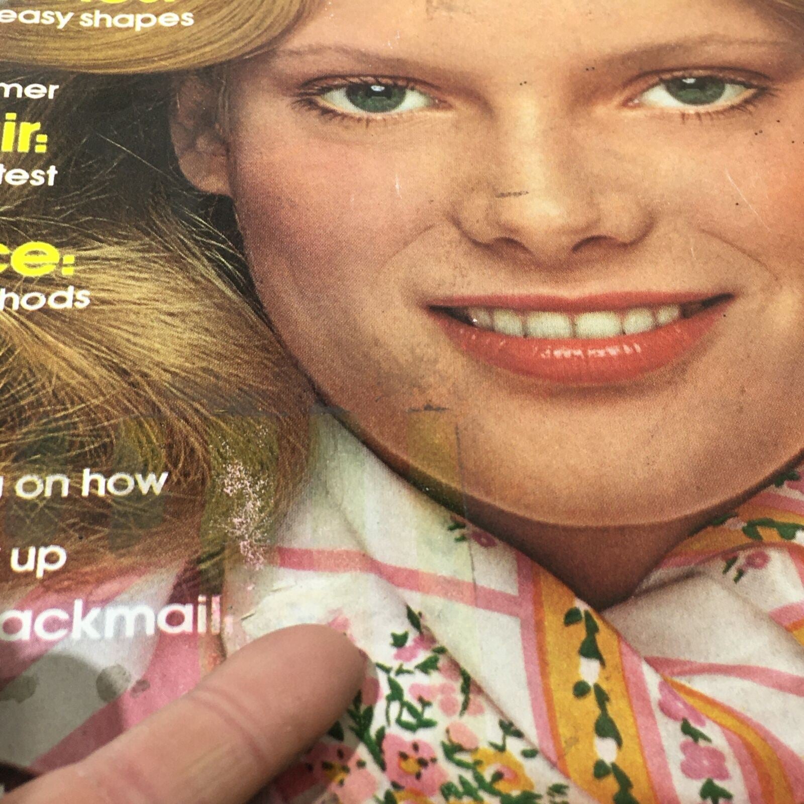 Close-up image of Mademoiselle Magazine January 1975 cover focusing on the model's features and fashion text, part of the Great New Looks issue.