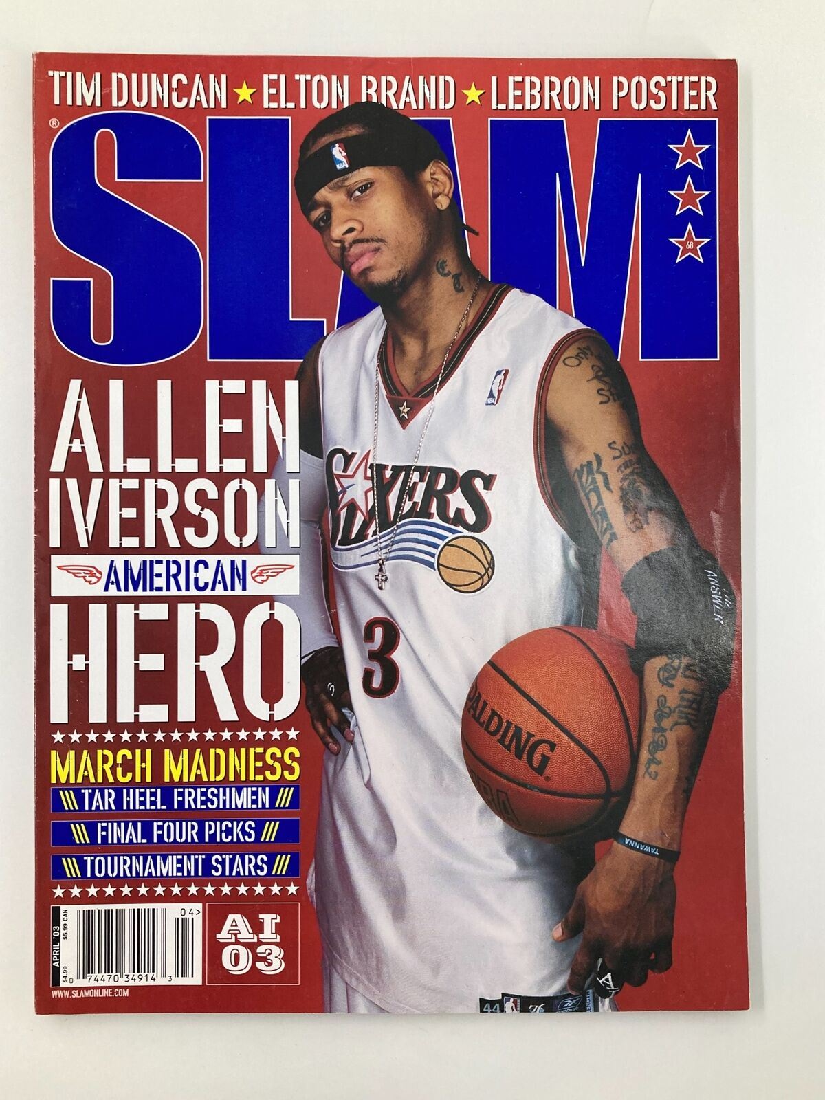 Slam Magazine April 2003 featuring NBA legend Allen Iverson on the cover, showcasing his iconic style and basketball prowess with a basketball in his hand.
