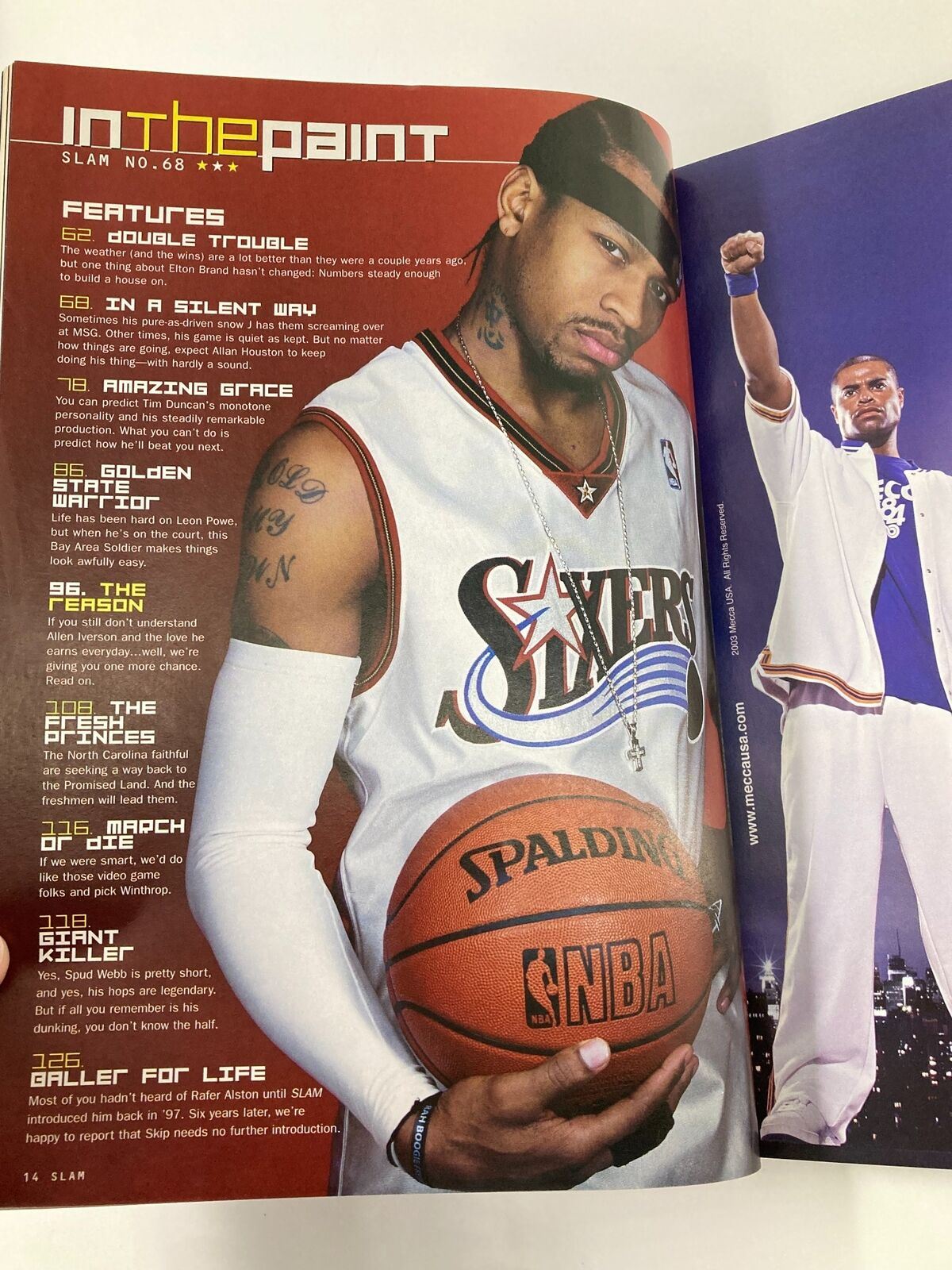 Inside page of Slam Magazine April 2003, highlighting Allen Iverson with detailed features, showcasing his contributions to the Philadelphia 76ers and the NBA.