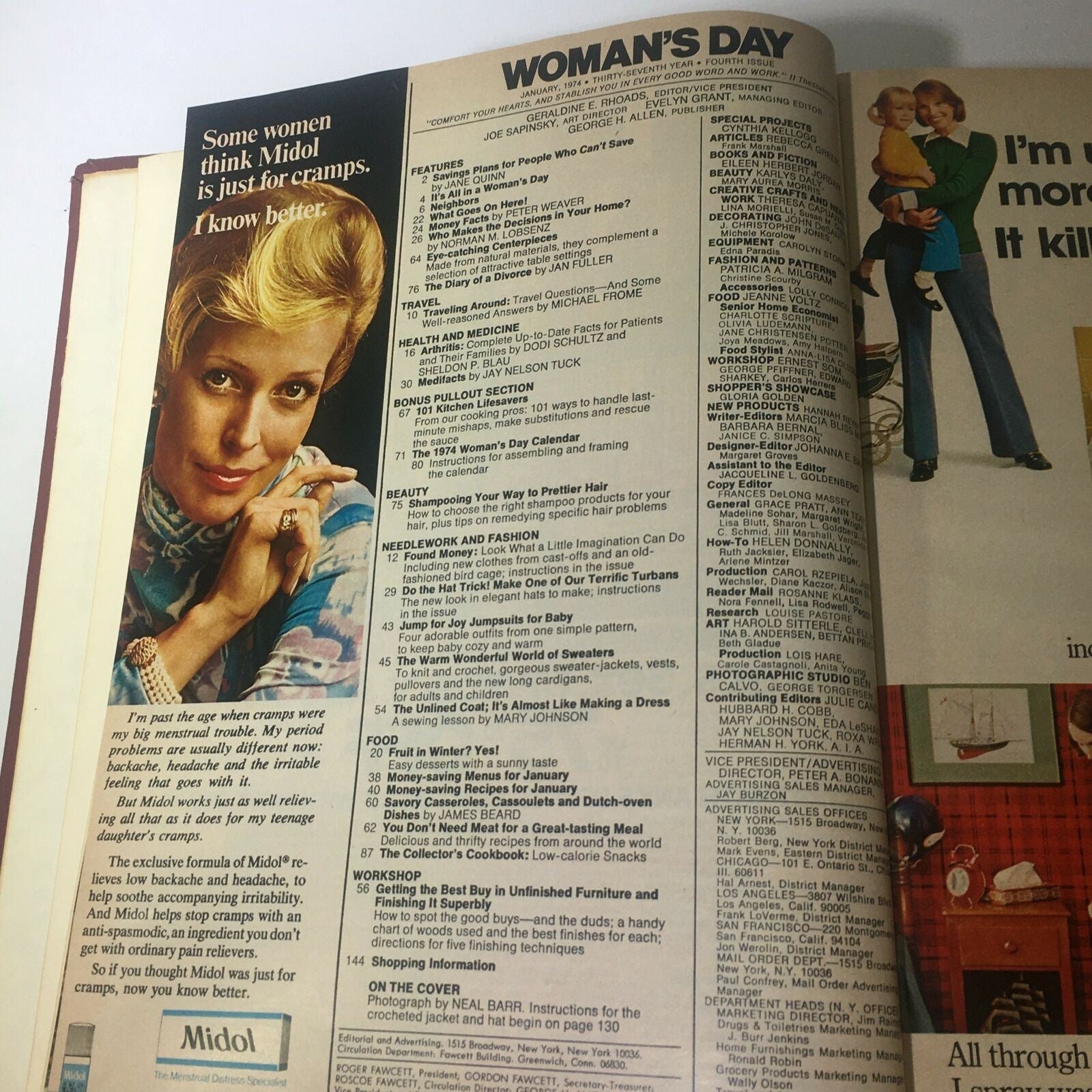 Inside page of the 1974 Woman's Day Magazine showing features and articles, including plans for saving money, with a woman promoting Midol, part of the 1974 Woman's Day Magazine Complete Year Round In One Bound Book Compilation.
