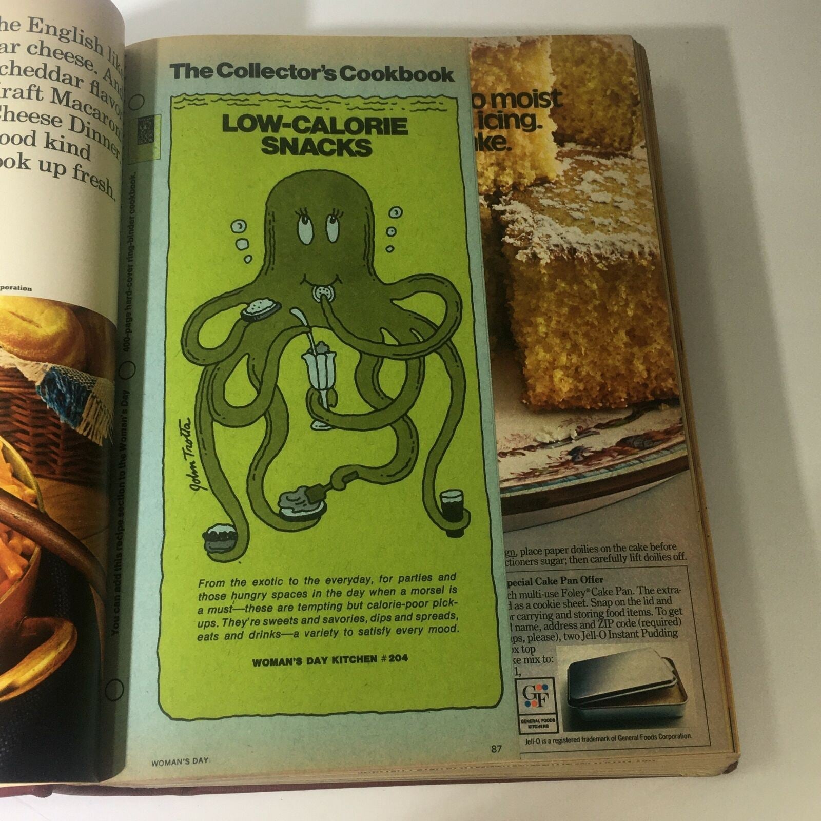 Page from the 1974 Woman's Day Magazine displaying 'Low-Calorie Snacks' with a cartoon octopus illustration, showcasing recipe ideas, from the compilation 1974 Woman's Day Magazine Complete Year Round In One Bound Book Compilation.