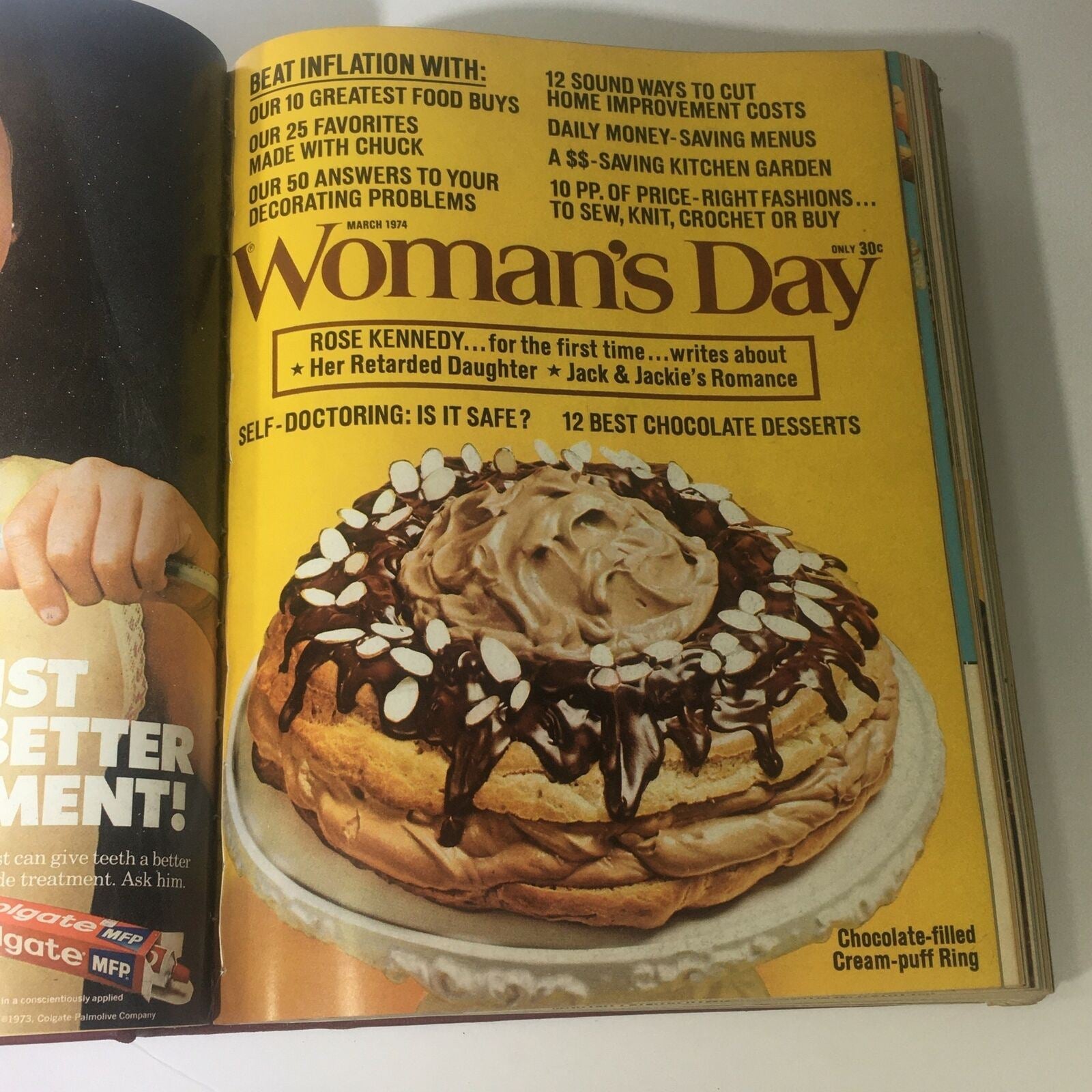 March 1974 cover of Woman's Day Magazine featuring chocolate desserts and home improvement tips, part of the collection 1974 Woman's Day Magazine Complete Year Round In One Bound Book Compilation.