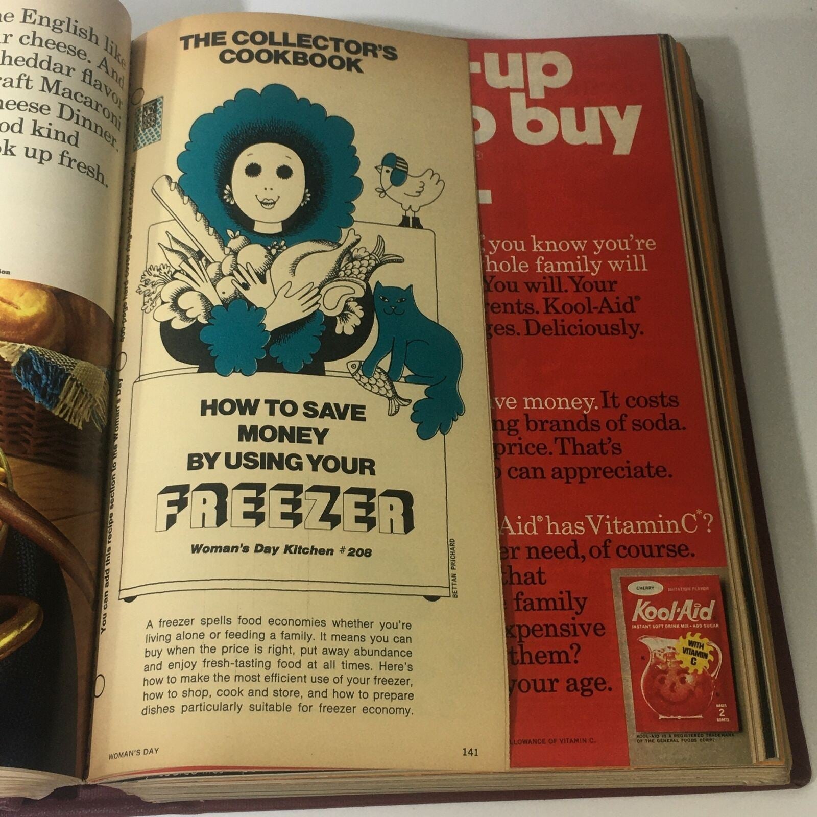 Open page from the 1974 Woman's Day Magazine compilation showcasing a section titled 'How to Save Money by Using Your Freezer,' featuring illustrations of a woman with a cookbook and a cat, emphasizing freezer economy.