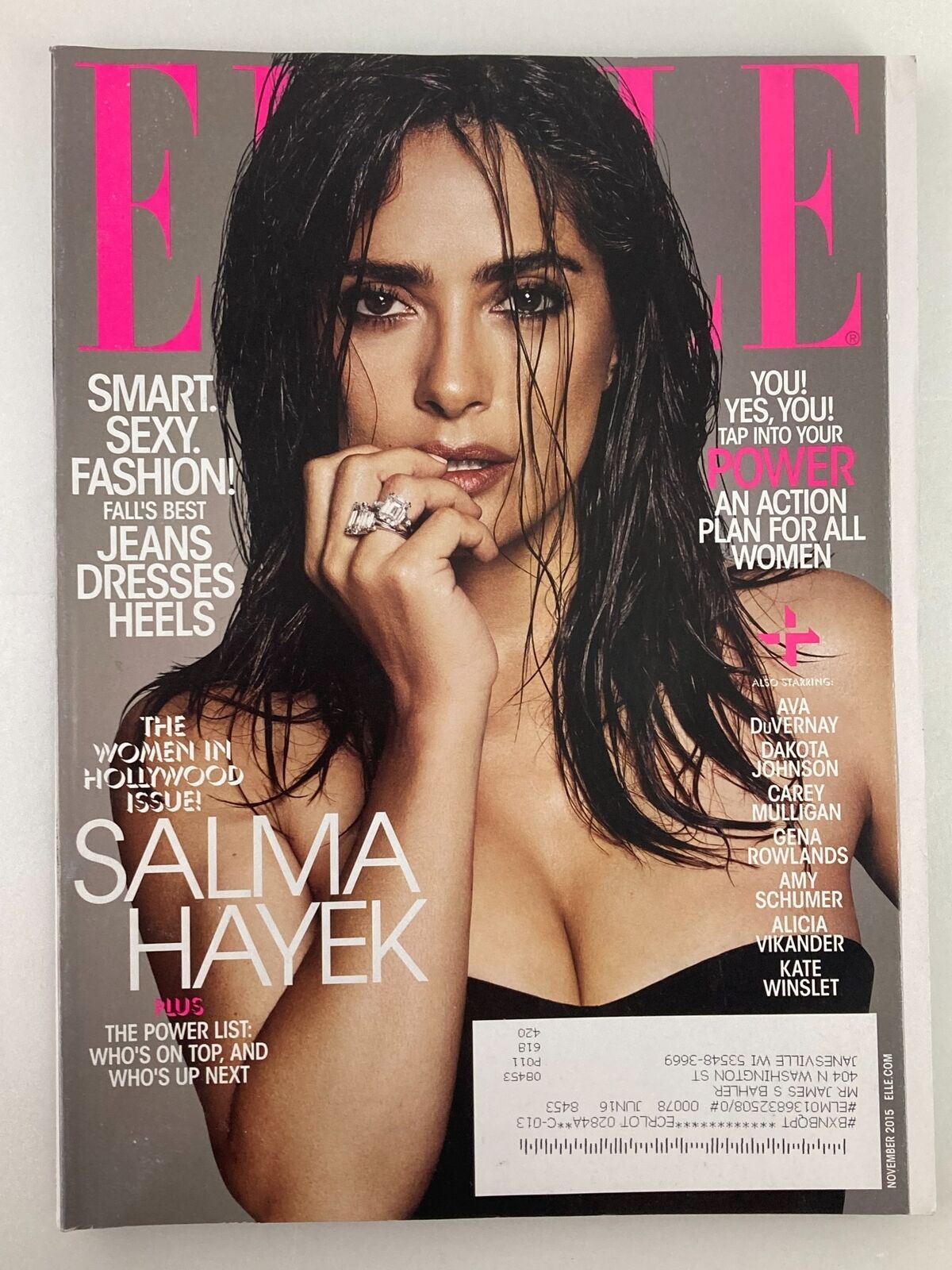 Elle Magazine November 2015 Volume 31 Issue #363 featuring Salma Hayek on the cover, highlighting women in Hollywood.