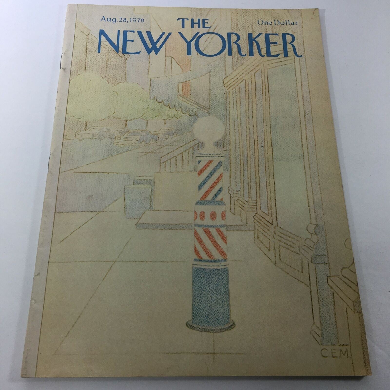 Cover of VTG The New Yorker Magazine August 28 1978 featuring a nostalgic street scene with a barber pole, showcasing the artistic style of Charles E. Martin.