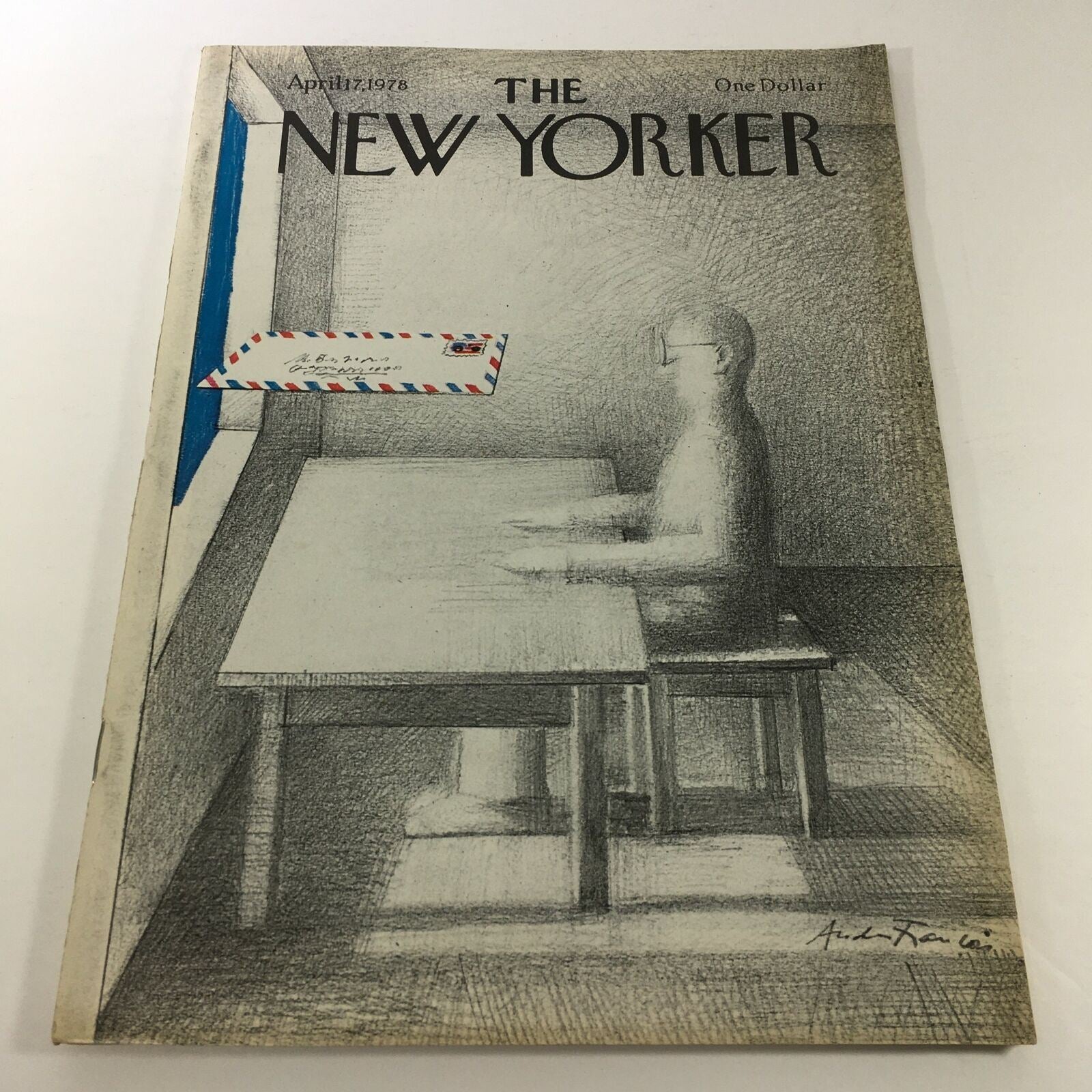 VTG The New Yorker Magazine April 17 1978 featuring an artistic cover by Andrei Francois, depicting a figure at a table with a mail envelope beside it.