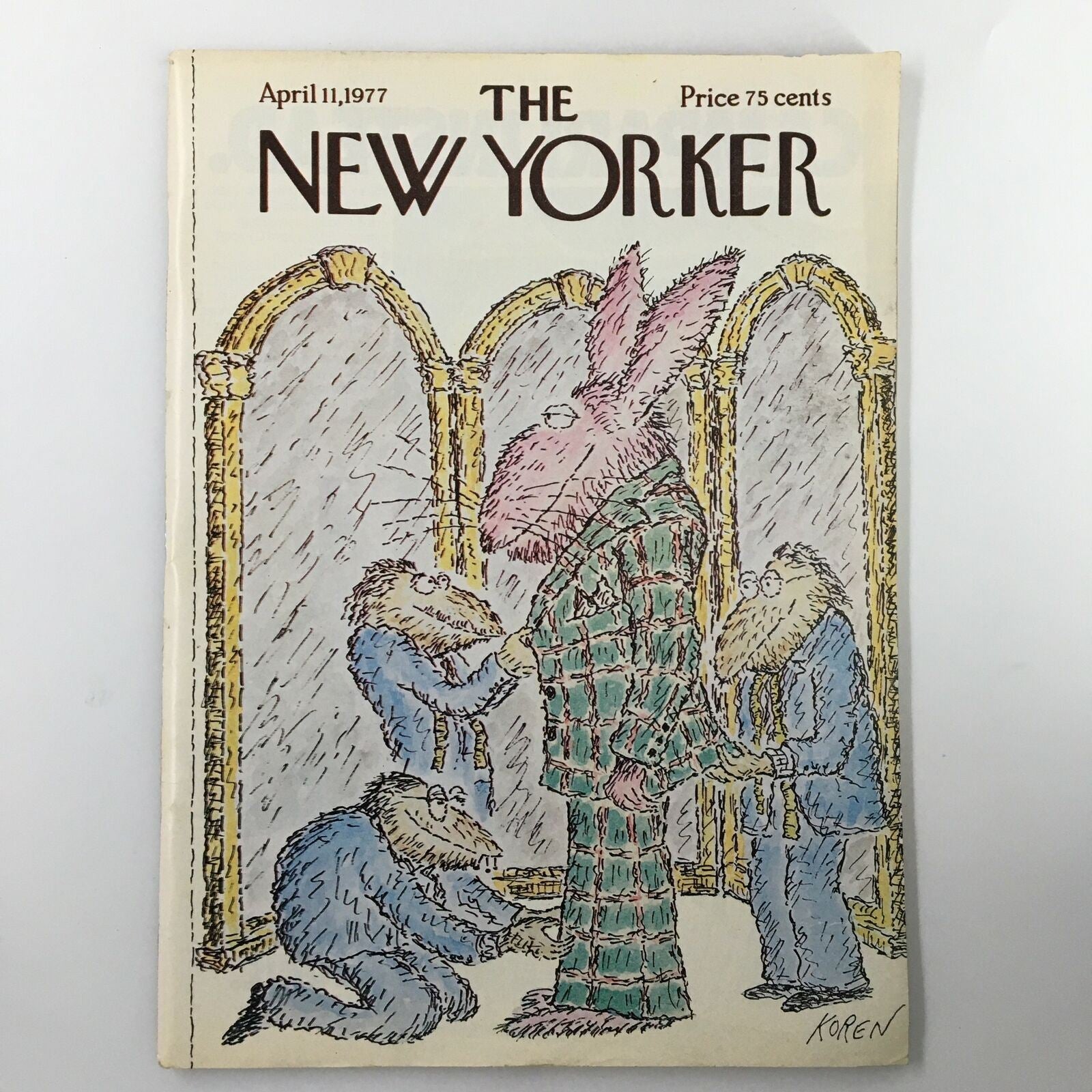Cover of The New Yorker Magazine April 11 1977 featuring 'Fancy Suits' illustration by Edward Koren, showcasing a whimsical character in a plaid suit attended by smaller characters.