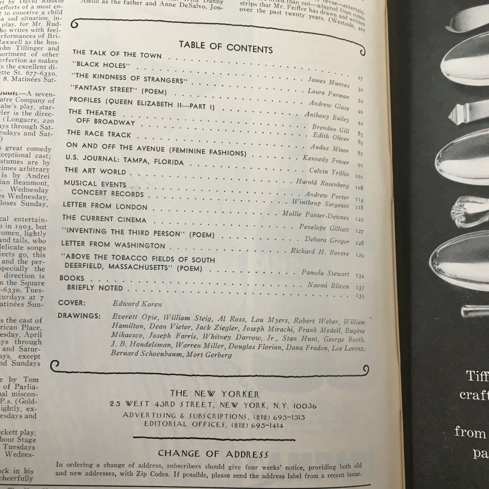 Table of contents from The New Yorker Magazine April 11 1977, detailing various articles and features, with the cover illustration attributed to Edward Koren.