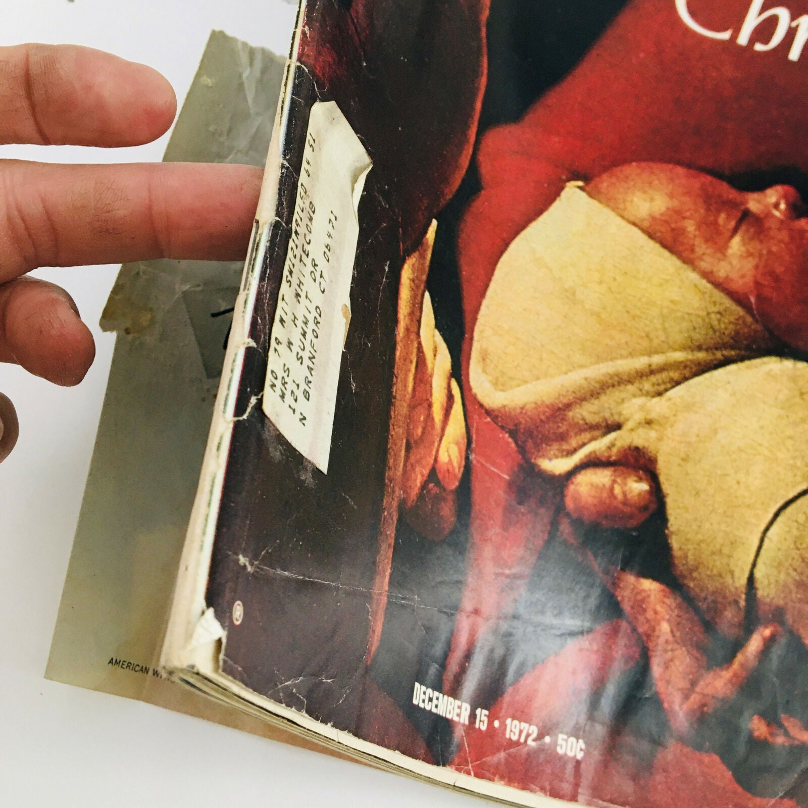 Close-up of the spine and address label on the VTG Life Magazine December 15 1972 Special Double Issue Joys of Christmas, showing details of wear and vintage charm.