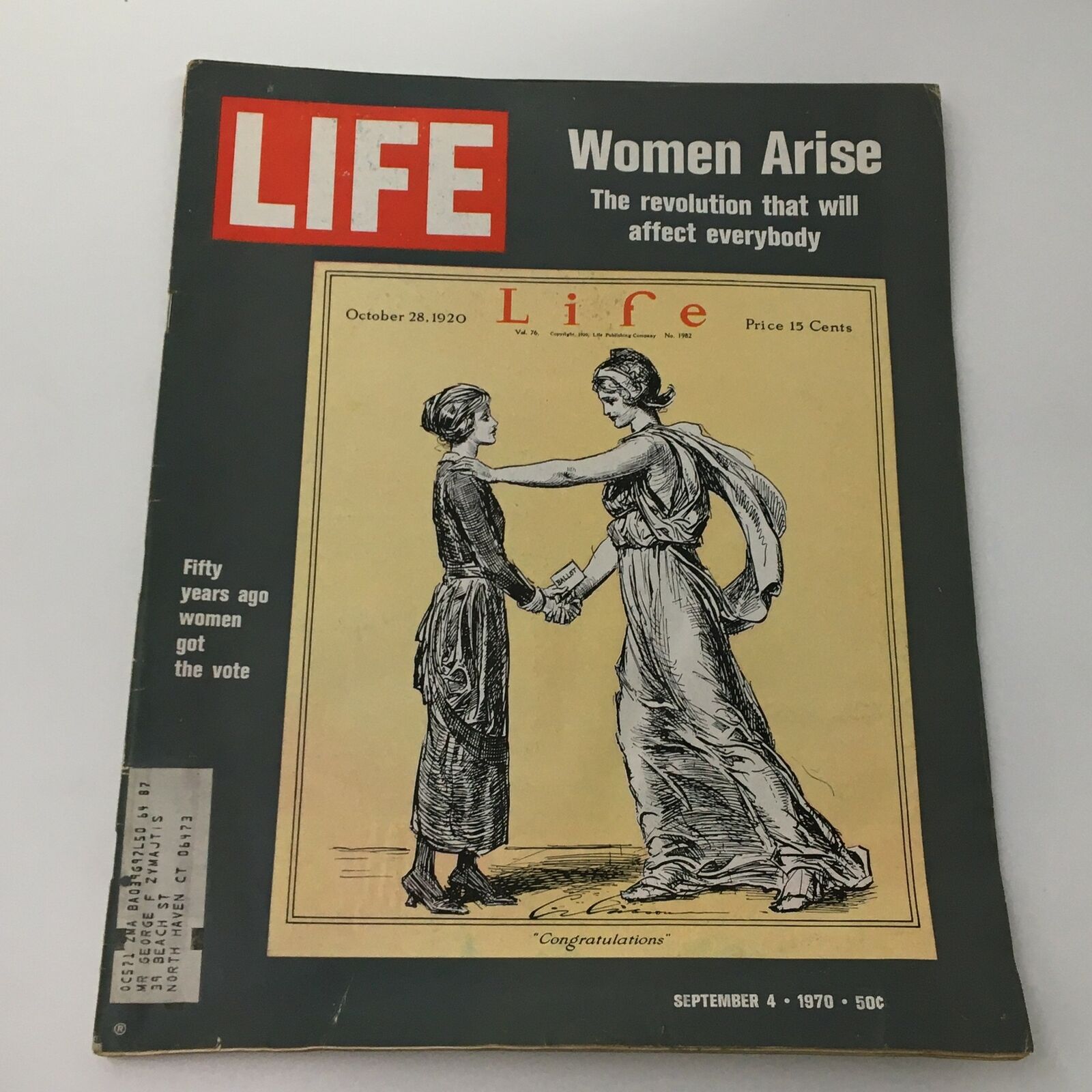 Cover of VTG Life Magazine from September 4, 1970, featuring the title 'Women Arise: The Revolution Feature' with illustrations depicting women celebrating their rights.