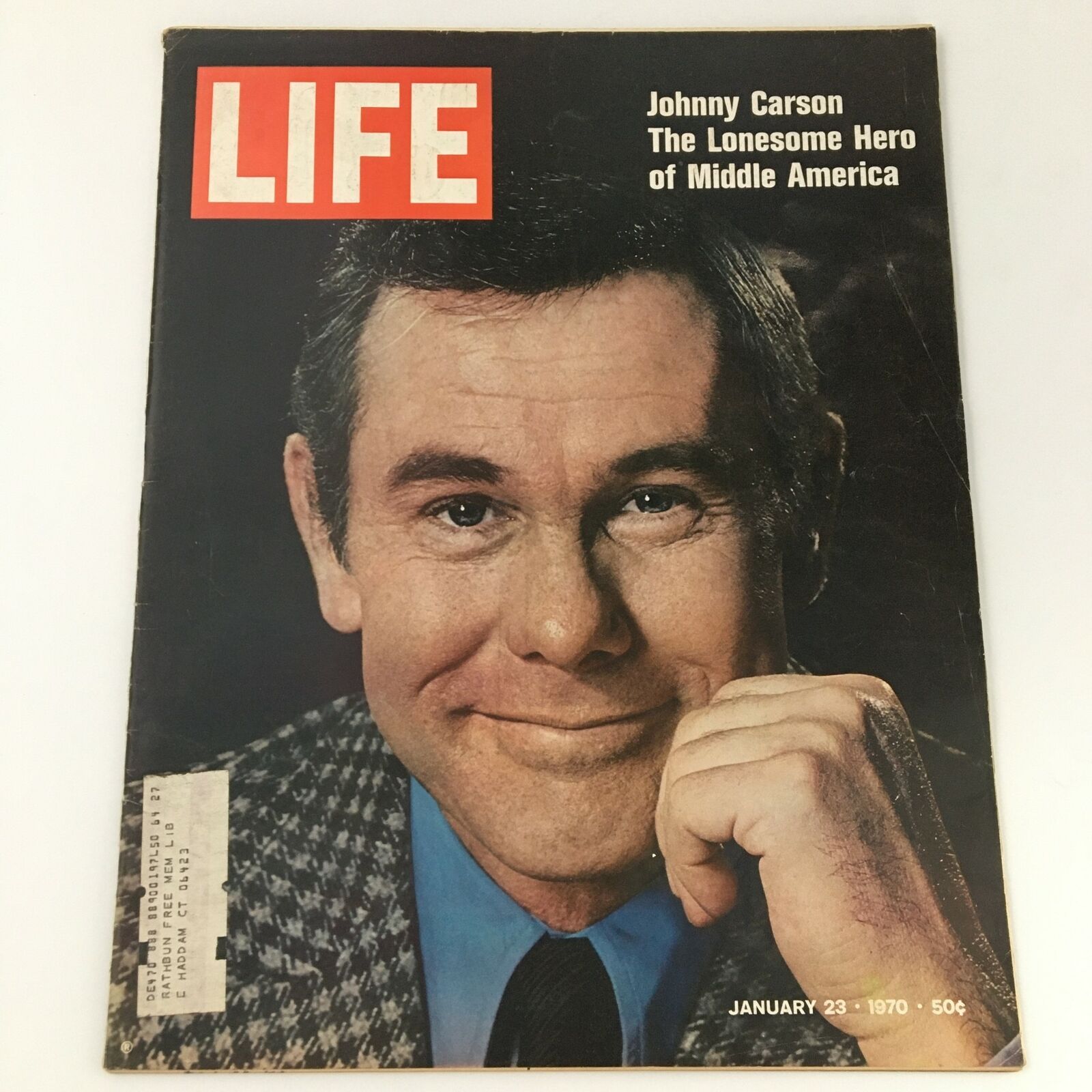 VTG Life Magazine from January 23, 1970 featuring television host Johnny Carson on the cover, with the title 'The Lonesome Hero of Middle America' and a portrait of Carson smiling.