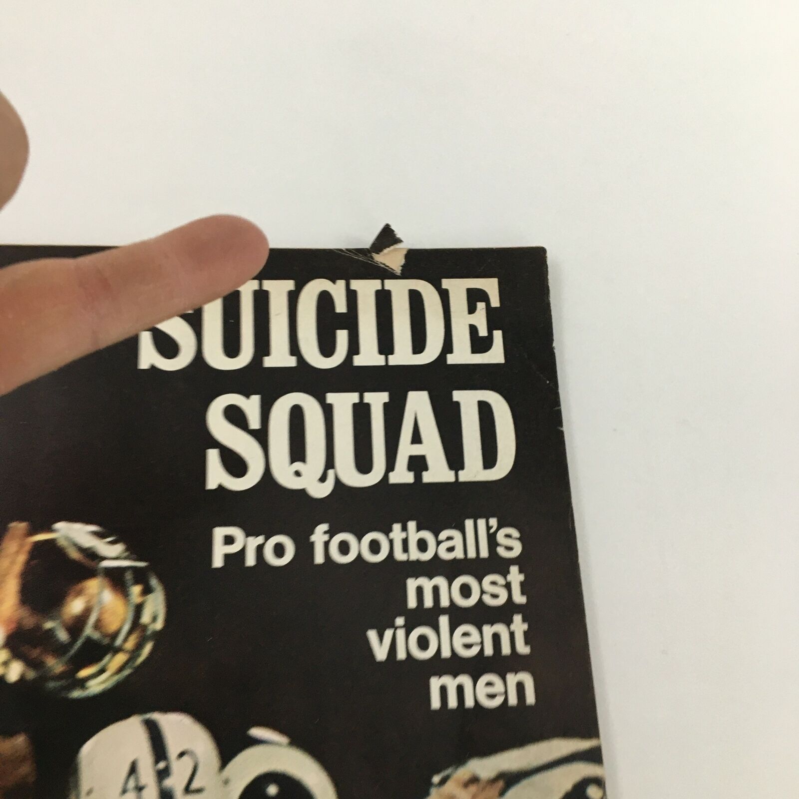 Close-up image of the vintage Life Magazine cover from December 3, 1971, featuring 'Suicide Squad' as pro football's most violent men, highlighting minor wear and tear.
