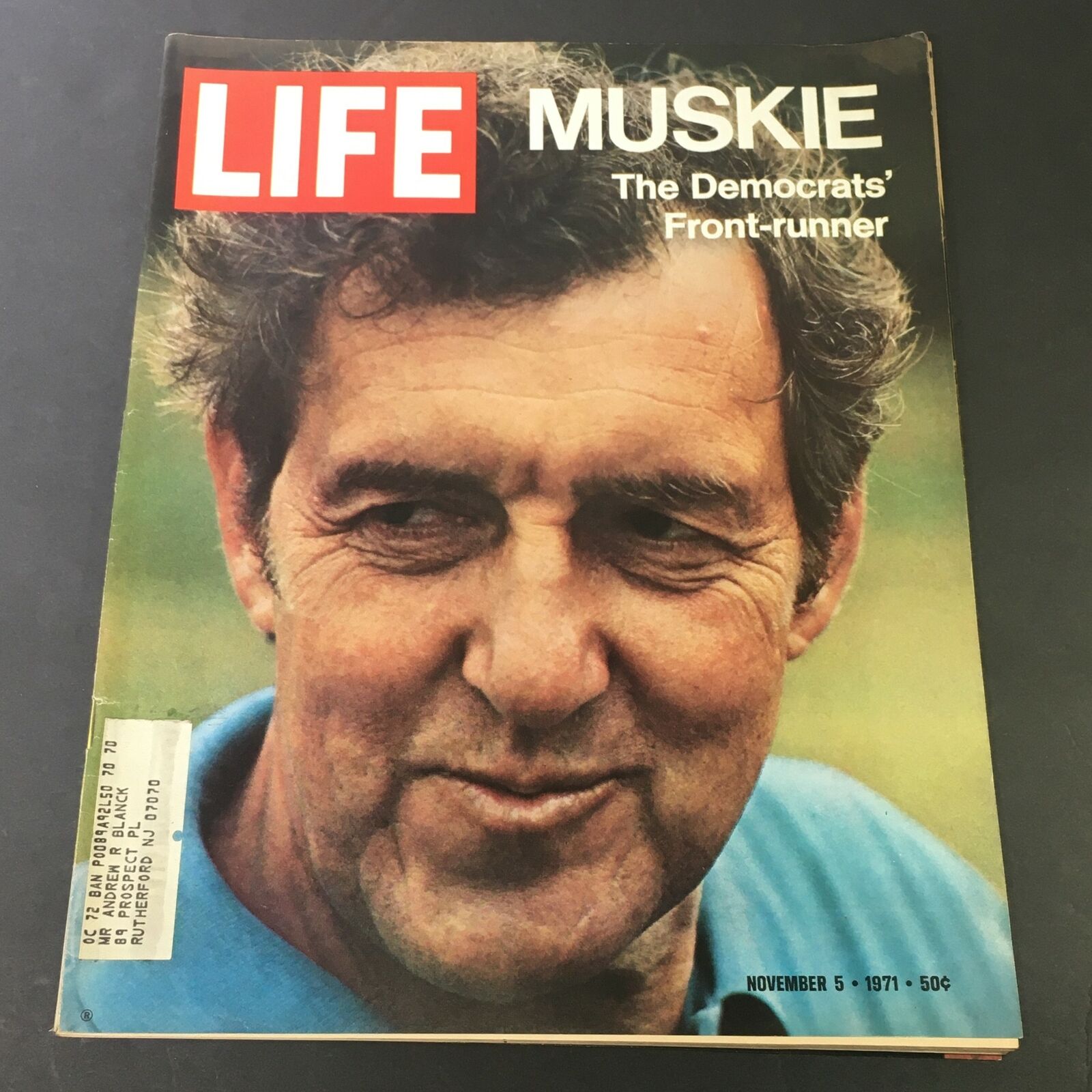 Cover of VTG Life Magazine from November 5, 1971, featuring Edmund Muskie, the Democratic Party's front-runner, with captivating photography and historical context.