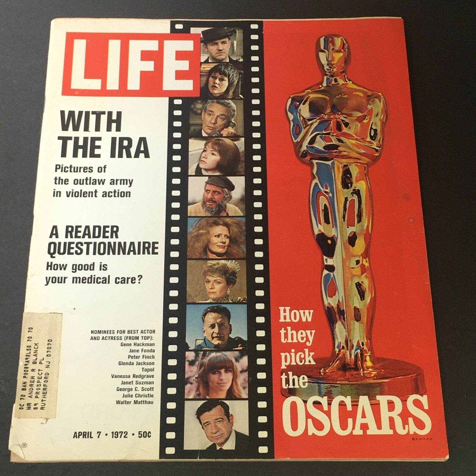 VTG Life Magazine April 7, 1972 cover featuring Gene Hackman, Jane Fonda, and Glenda Jackson highlighting Oscar nominees and cultural insights from the early 70s.