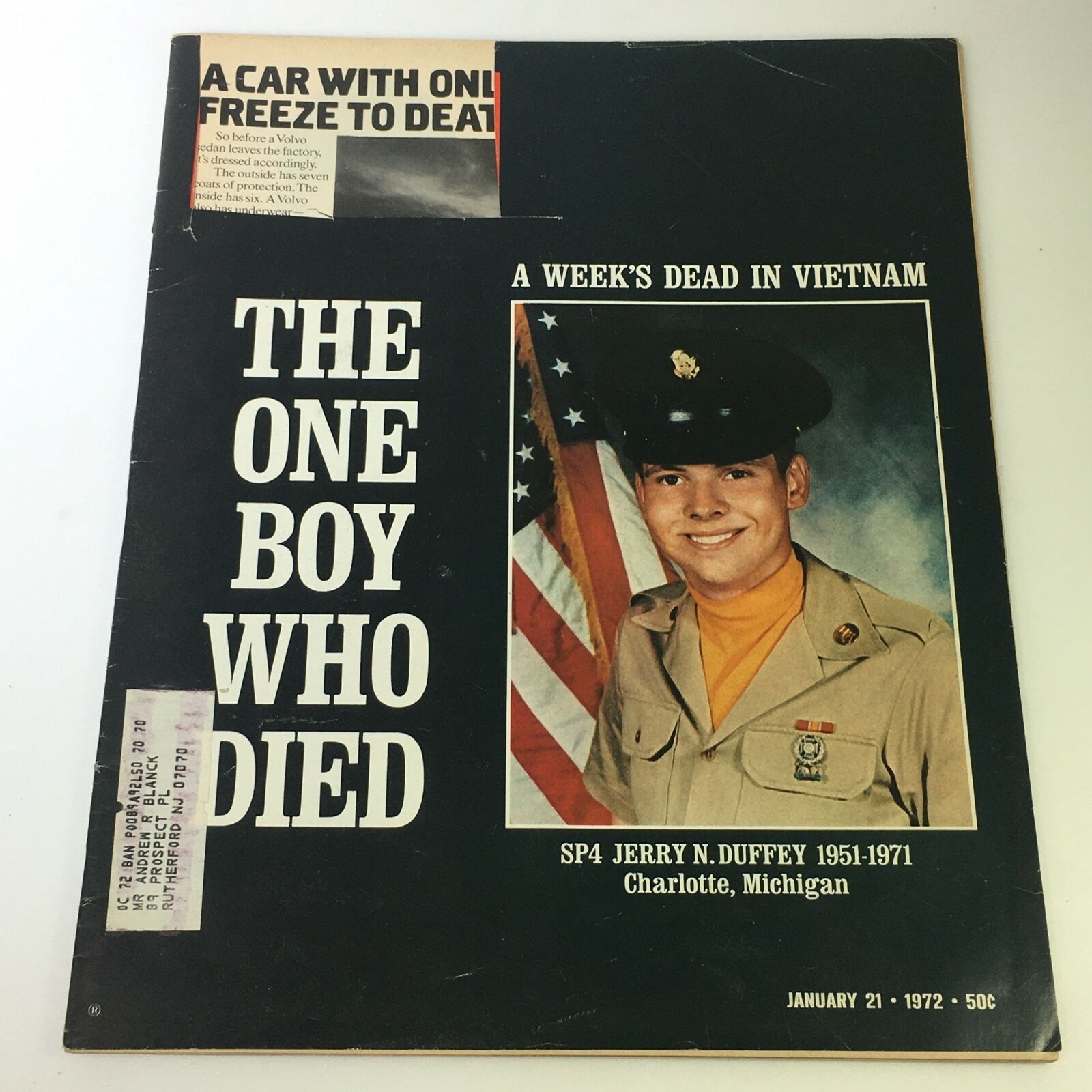Cover of VTG Life Magazine from January 21, 1972 featuring SP4 Jerry N. Duffey, titled 'The Boy Who Died,' showcasing a portrait of the serviceman alongside an American flag.
