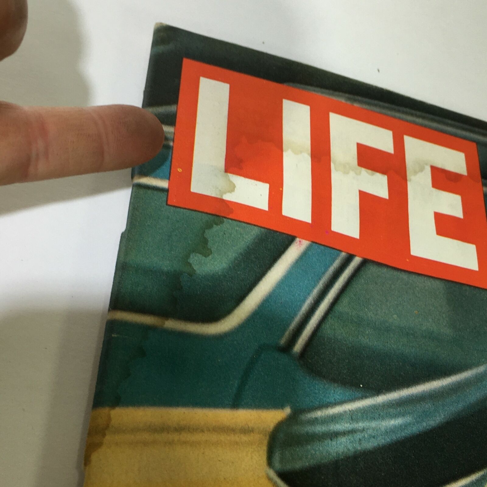 Close-up view of the vintage Life Magazine cover from October 8, 1971, showcasing the title 'LIFE' and part of the automotive imagery.