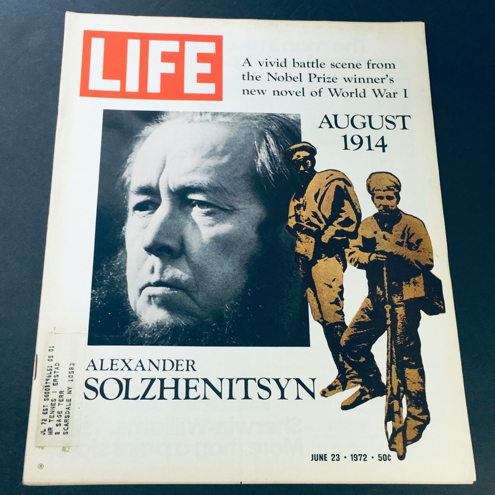 VTG Life Magazine June 23 1972 featuring Nobel Prize Winner Alexander Solzhenitsyn, showcasing a vivid battle scene from his new World War I novel.