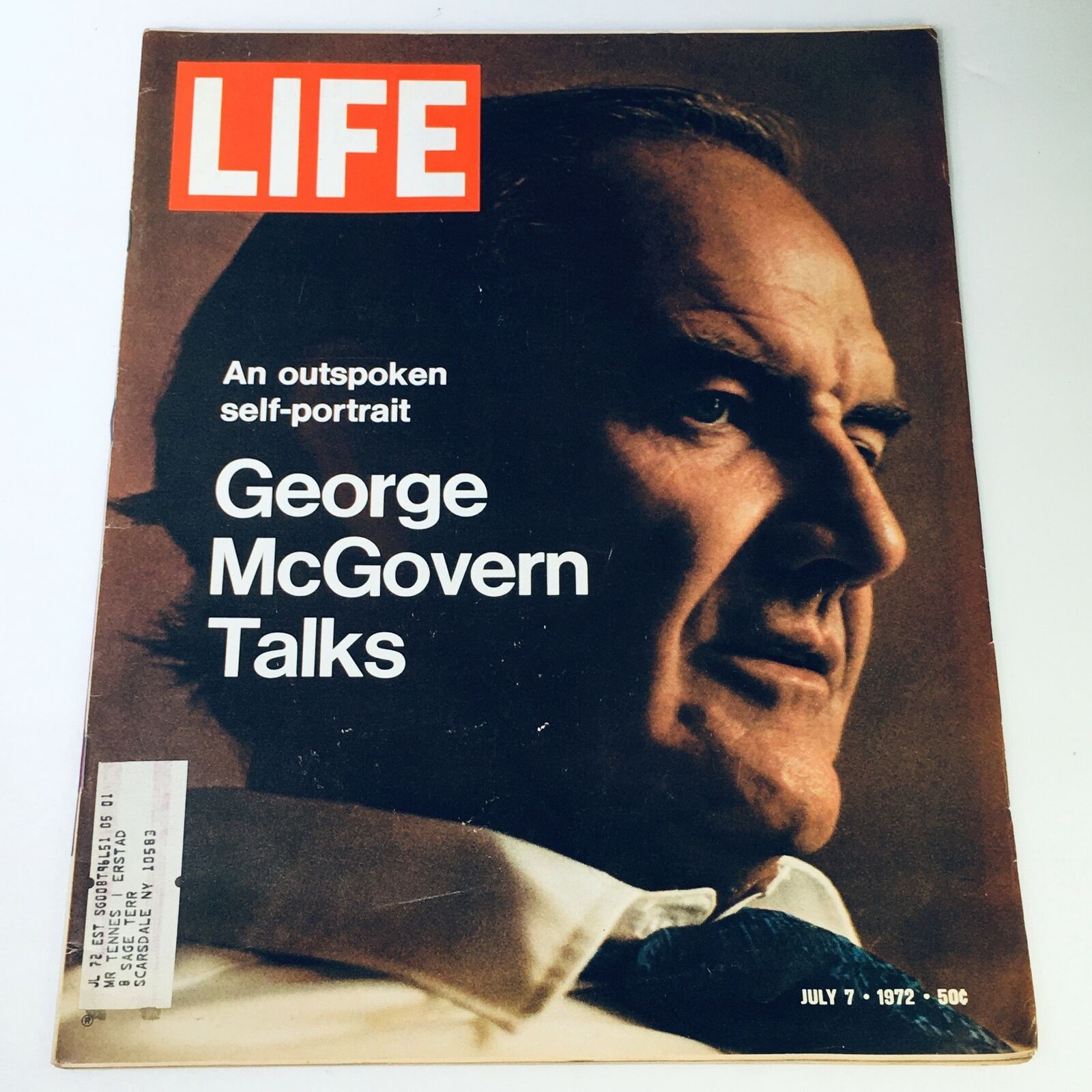 Vintage Life Magazine cover from July 7, 1972, featuring an outspoken self-portrait of George McGovern, with a focus on his profile, and the title prominently displayed.
