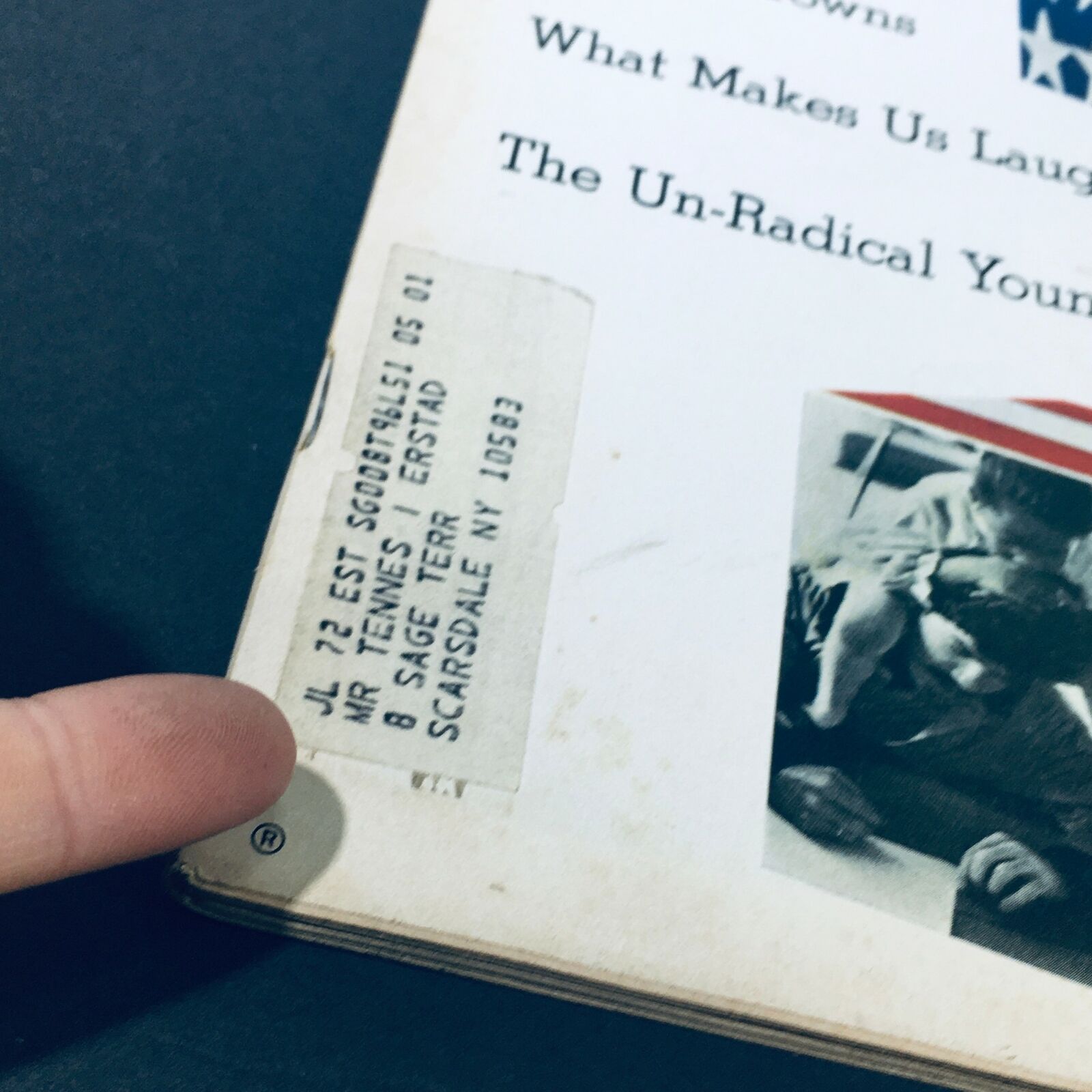 Close-up of the address label on the back of the Vintage Life Magazine, January 8, 1971, titled 'The New Shape of America / Un-Radical Young', showing past ownership details.