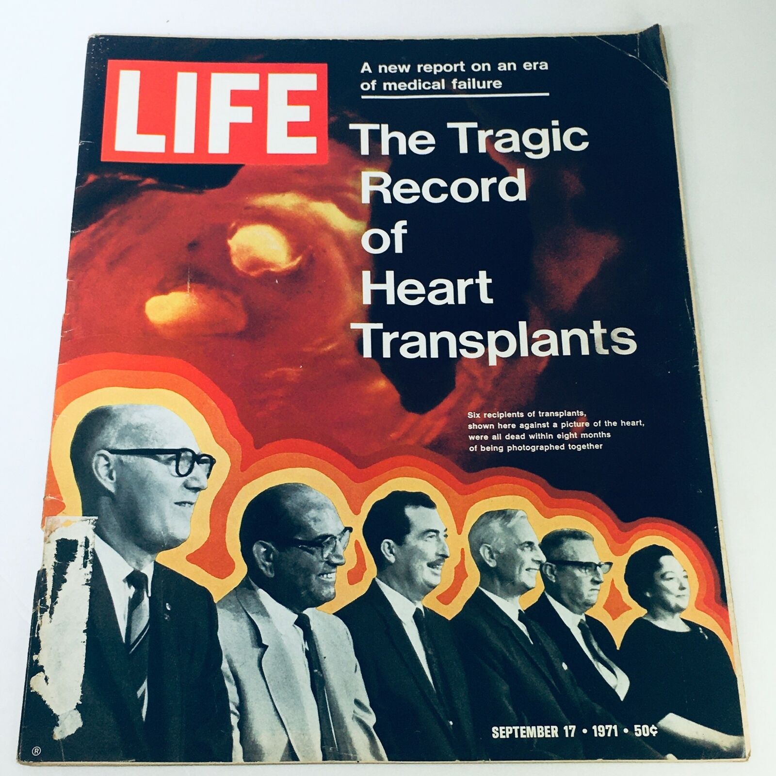 Cover of VTG Life Magazine from September 17, 1971, featuring the cover story 'The Tragic Record of Heart Transplants' with images of six individuals related to heart transplants.