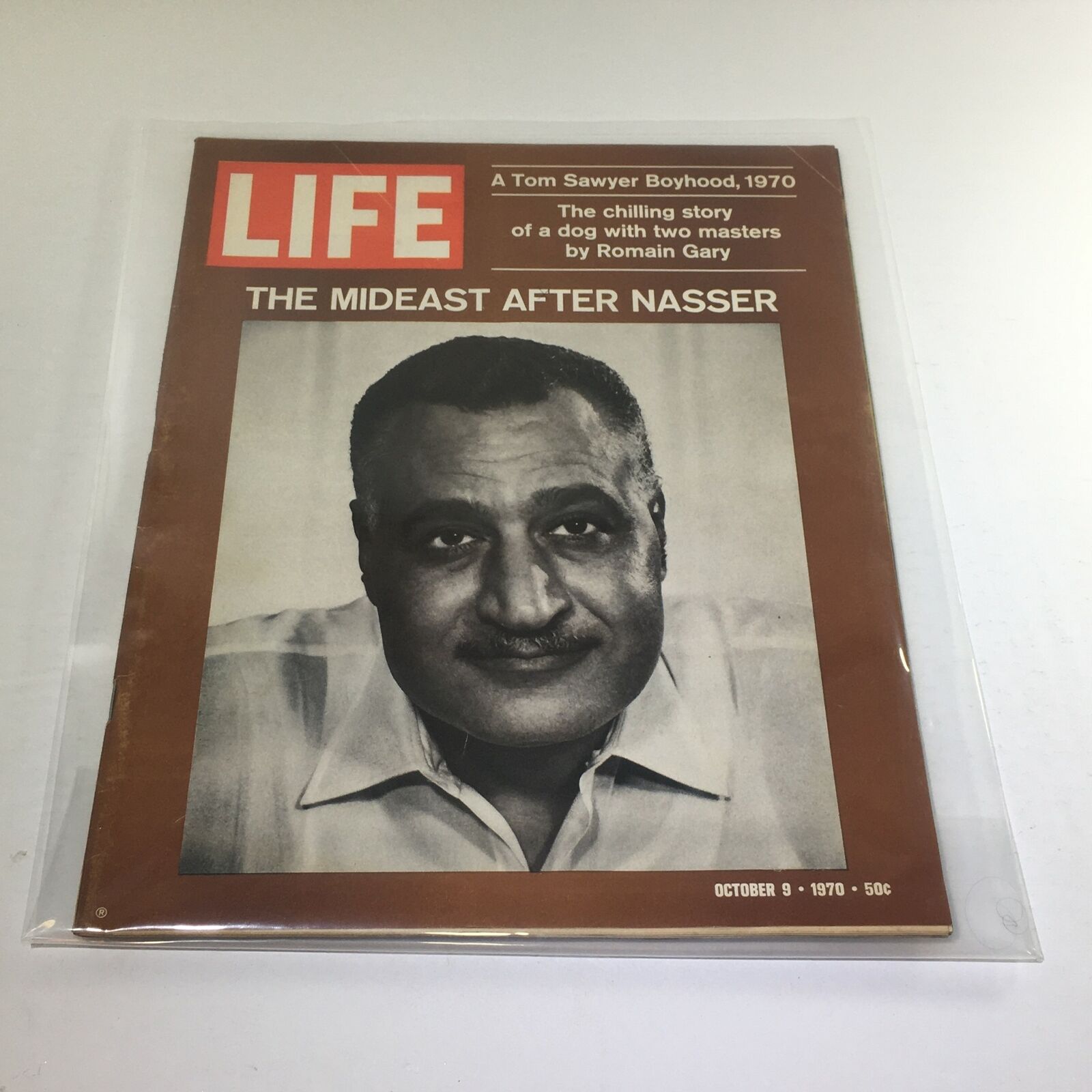Vintage Life Magazine from October 9, 1970 featuring the cover story "The Mideast After Nasser" along with an article about Tom Sawyer's Boyhood. The magazine's cover showcases a black and white image of a prominent figure, highlighting its historical significance.