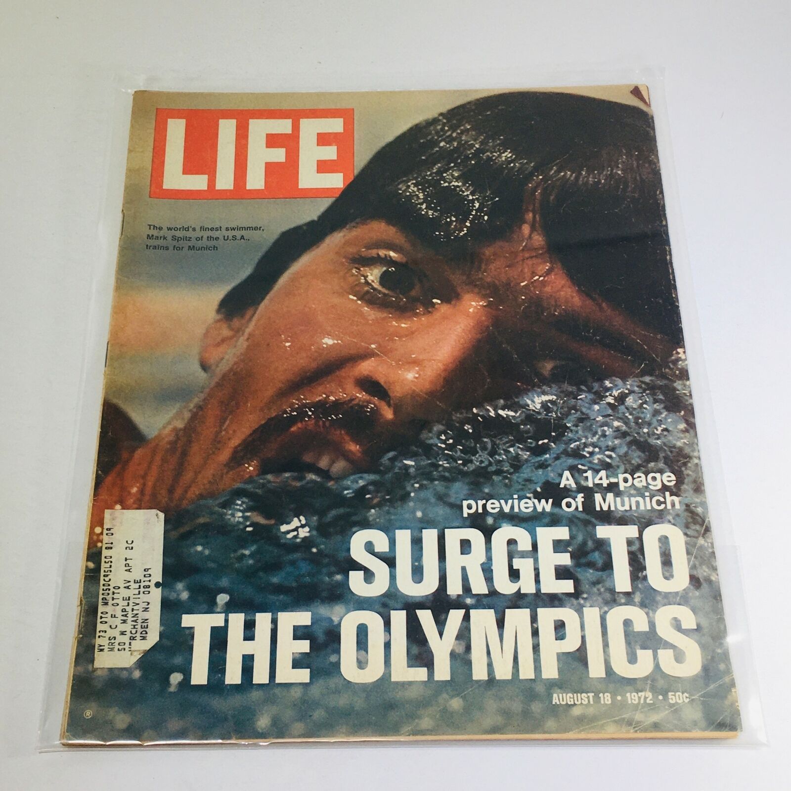 VTG Life Magazine cover from August 18, 1972, featuring 'Surge to the Olympics' with a close-up of swimmer Mark Spitz, highlighting the excitement of the upcoming Munich Olympics.
