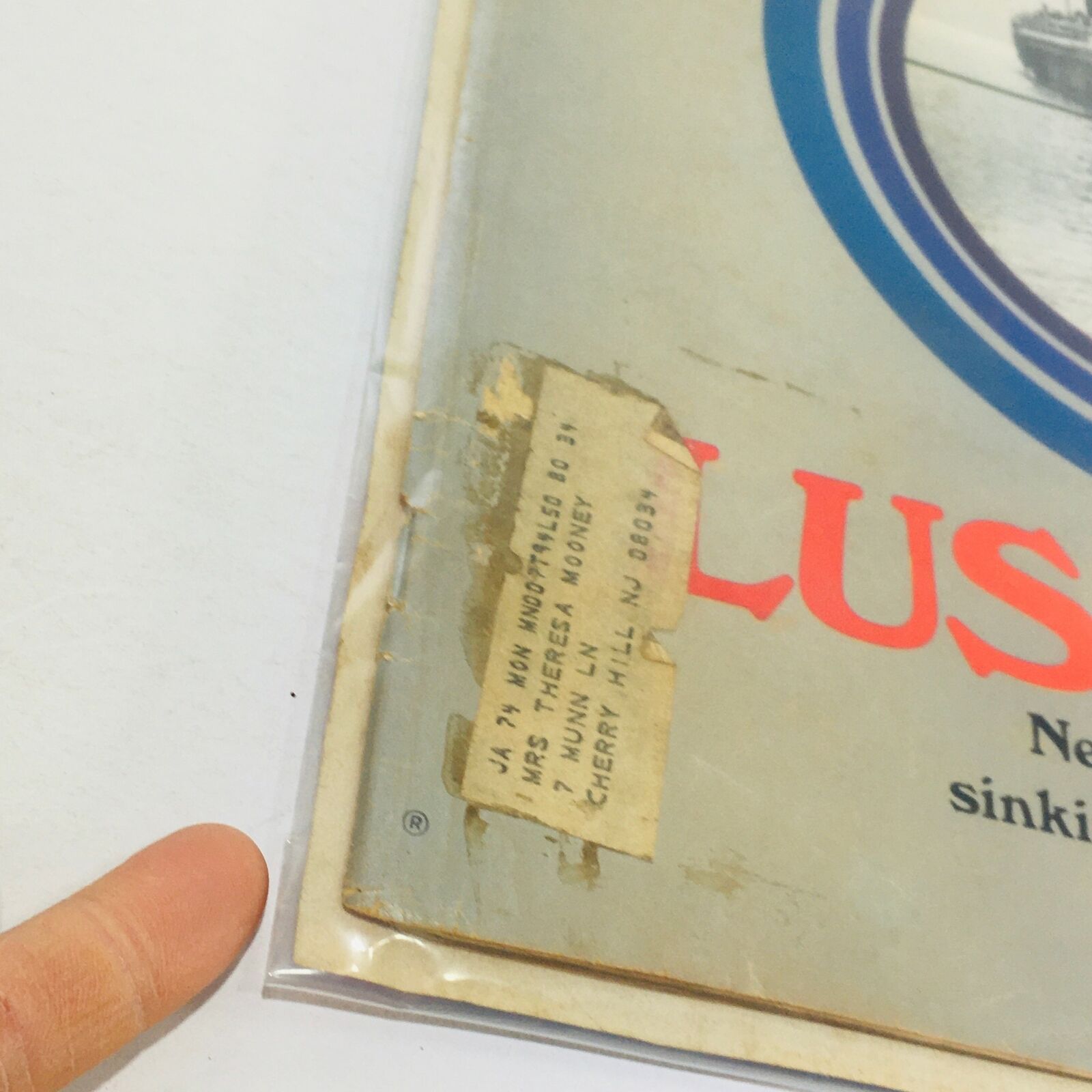 Close-up of the address label on the cover of VTG Life Magazine: October 13 1972 with handwriting visible, showing a previous owner's name and address.