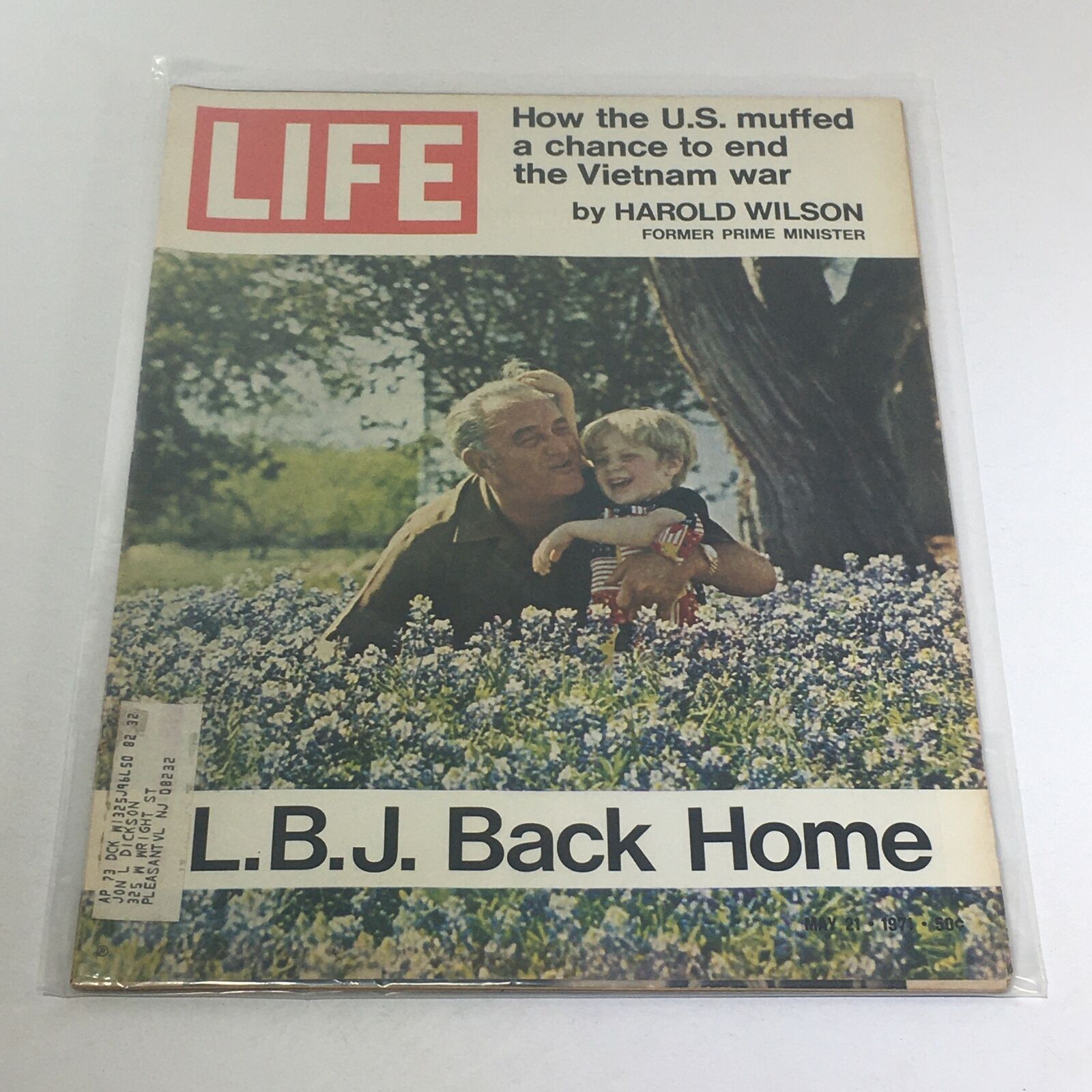 VTG Life Magazine Cover from May 21, 1971, featuring President Lyndon Baines Johnson, titled 'L.B.J. Back Home', showcasing a nostalgic moment with a child surrounded by bluebonnets.