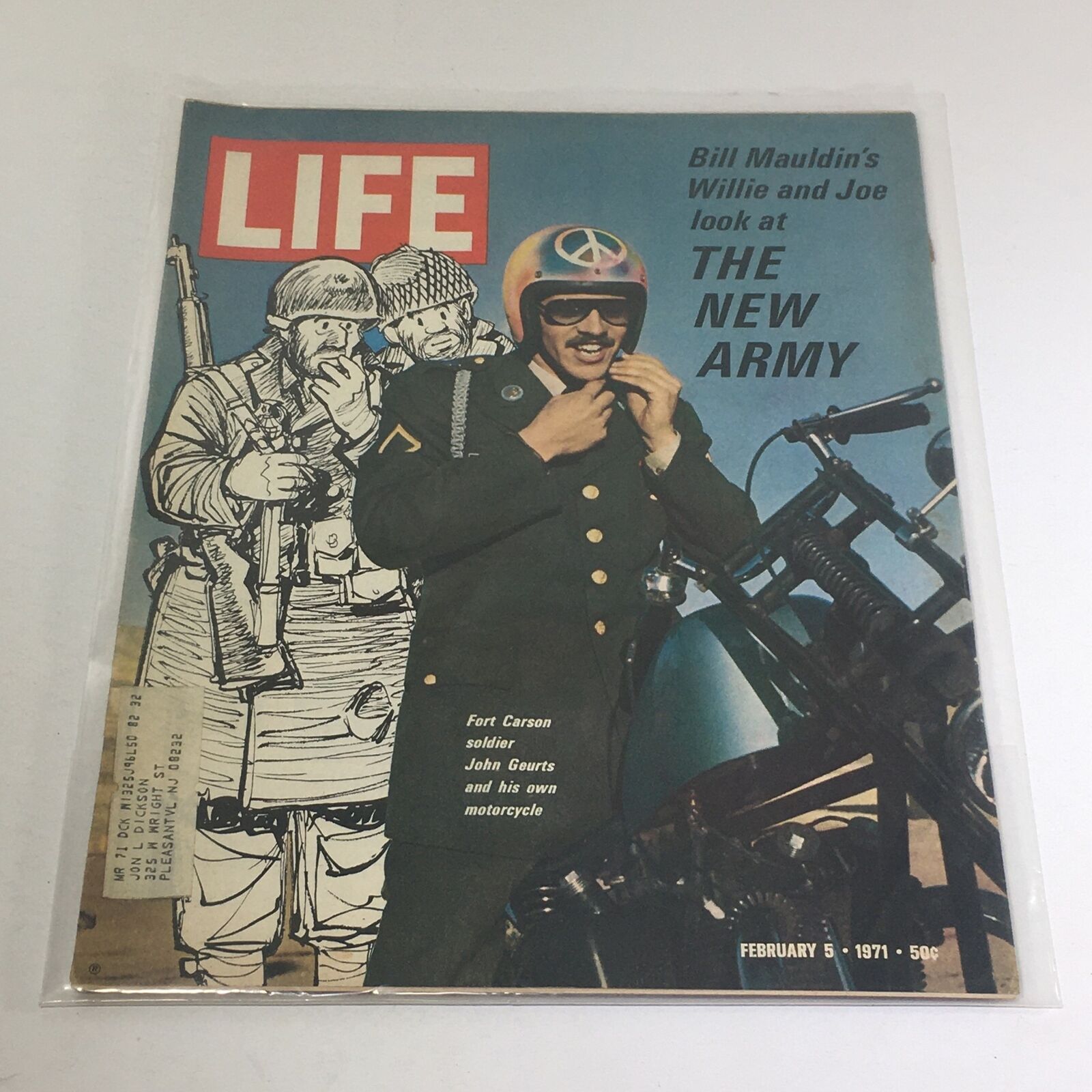 Cover of VTG Life Magazine from February 5, 1971, featuring Fort Carson soldier John Geurts on his motorcycle, showcasing military life and cultural nostalgia.