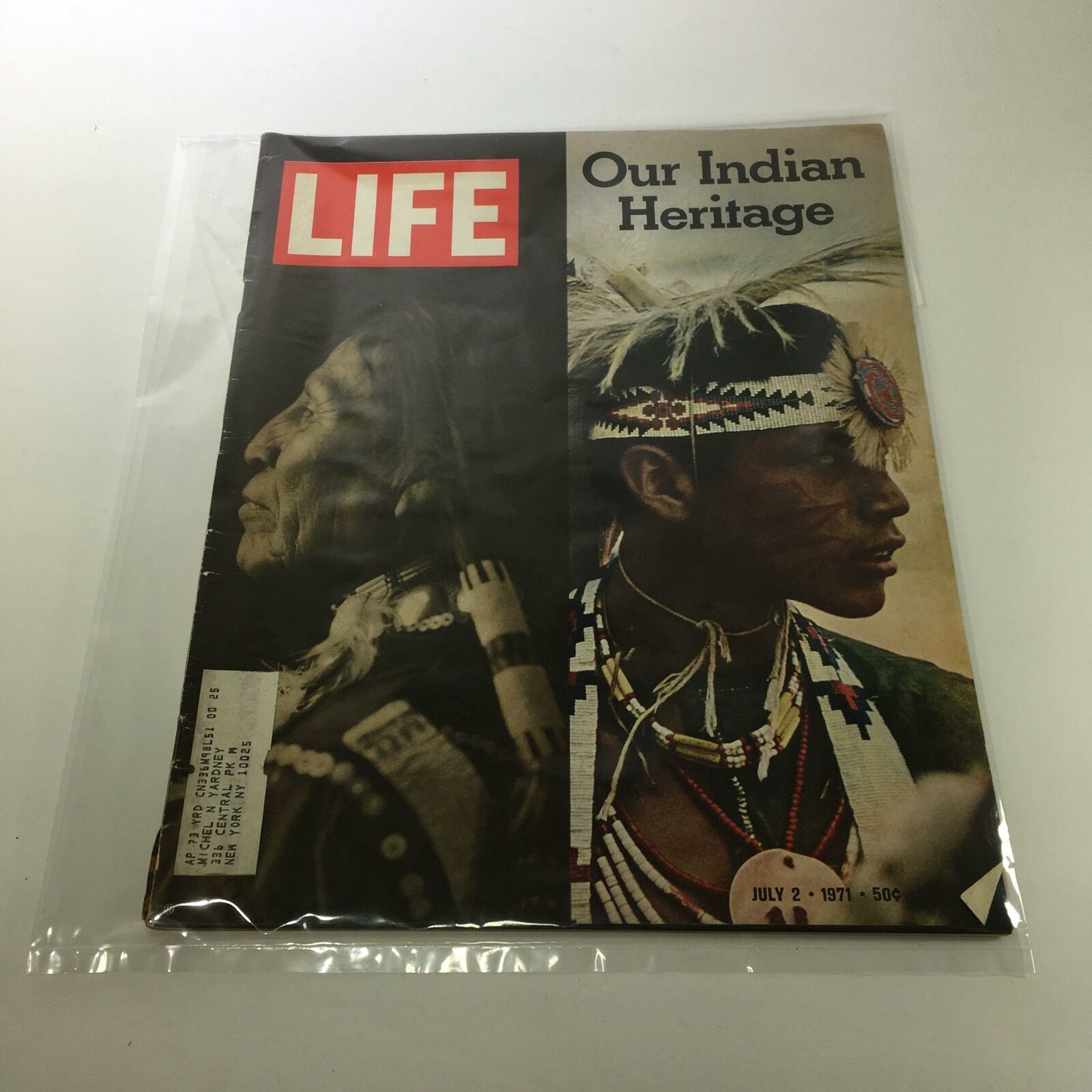 Vintage Life Magazine from July 2, 1971, featuring 'Our Indian Heritage' on the cover, showcasing rich cultural imagery of Native Americans, preserved in a protective plastic sleeve.