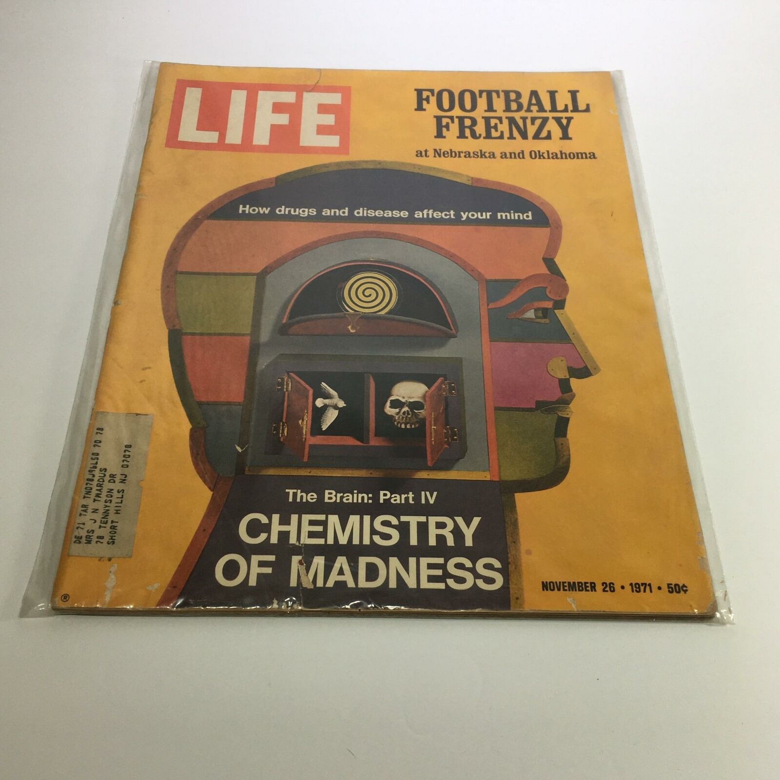Life Magazine cover from November 26, 1971, titled 'The Brain: Part IV Chemistry of Madness', featuring a vivid illustration of a brain with colorful designs and text reading 'How drugs and disease affect your mind'. This edition explores the chemistry behind madness.