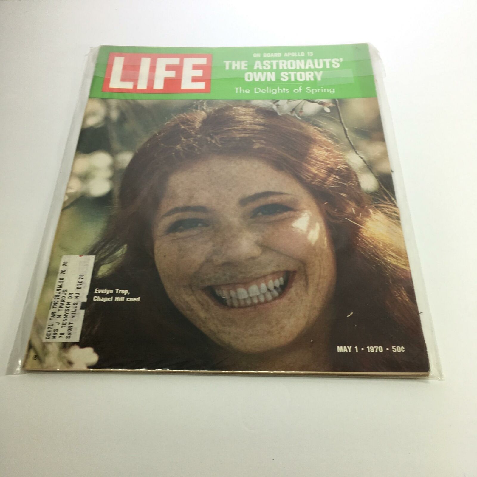 Life Magazine cover dated May 1, 1970, featuring a smiling woman named Evelyn Trop, a Chapel Hill coed, surrounded by nature. The cover also highlights 'The Astronauts' Own Story' and 'The Delights of Spring', with a price of 50 cents.