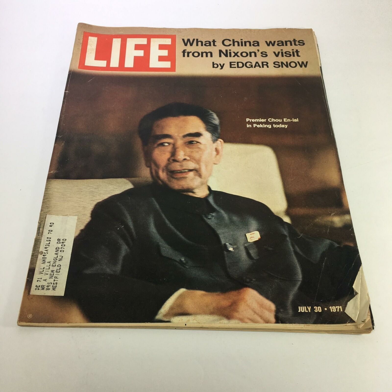 Cover of Life Magazine from July 30, 1971, featuring the article 'What China wants from Nixon's visit' by Edgar Snow. The magazine showcases Premier Chou En-lai, highlighting a significant moment in U.S.-China relations during Nixon's visit.
