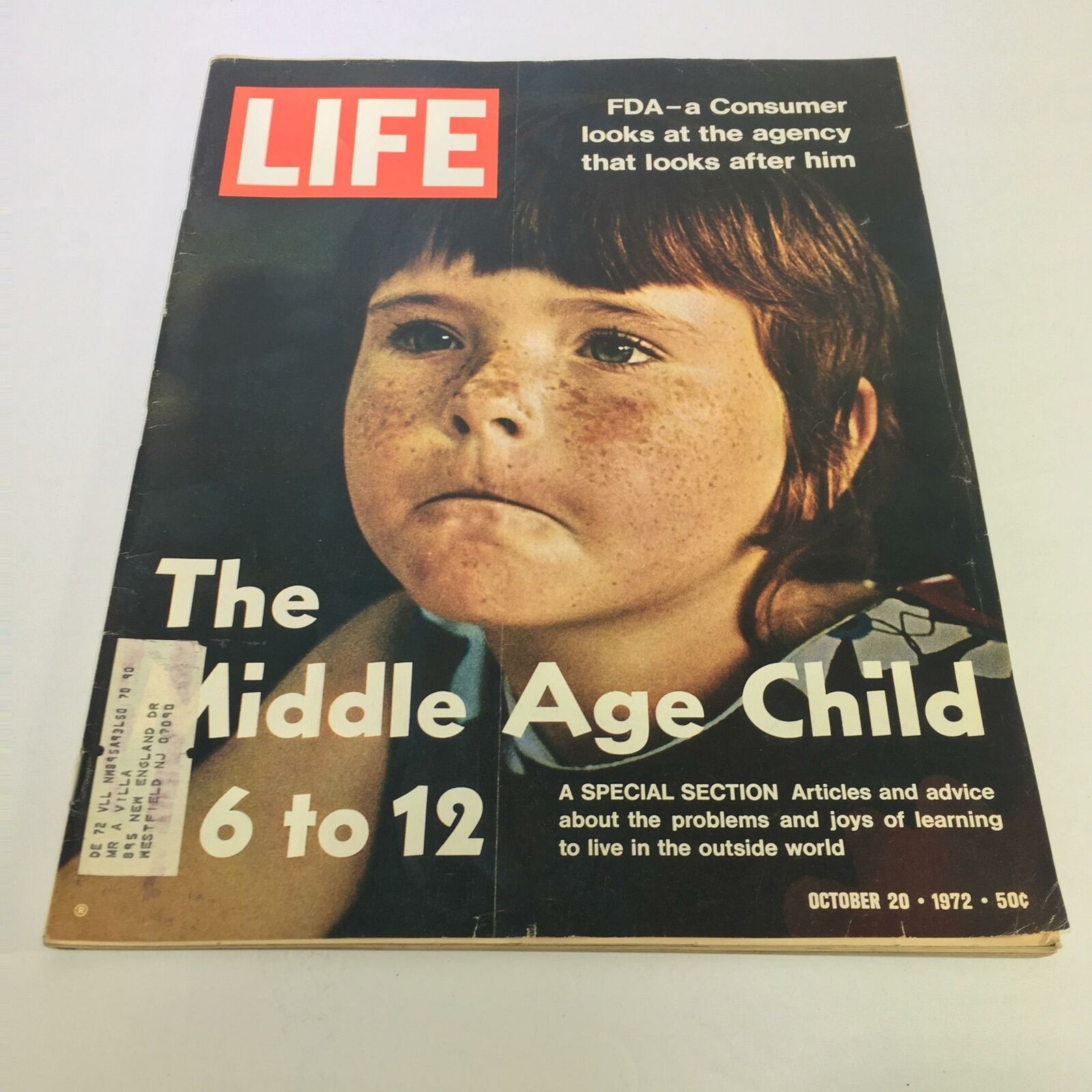 Cover of Life Magazine dated October 20, 1972, featuring the headline 'The Middle Age Child 6 to 12', showcasing a close-up of a young child with freckles and a serious expression, highlighting articles about the challenges and joys of childhood.