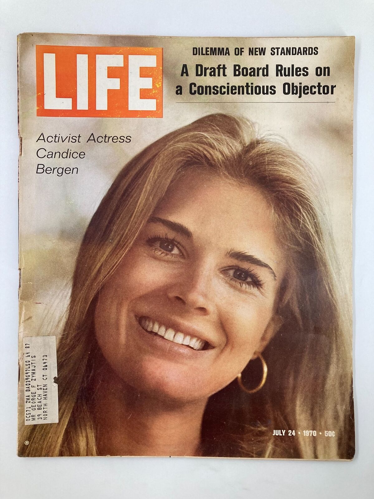 Vintage Life Magazine from July 24, 1970 featuring Activist Actress Candice Bergen on the cover, showcasing her smiling portrait. The magazine highlights social issues and cultural movements of the 1970s, making it a valuable collectible.