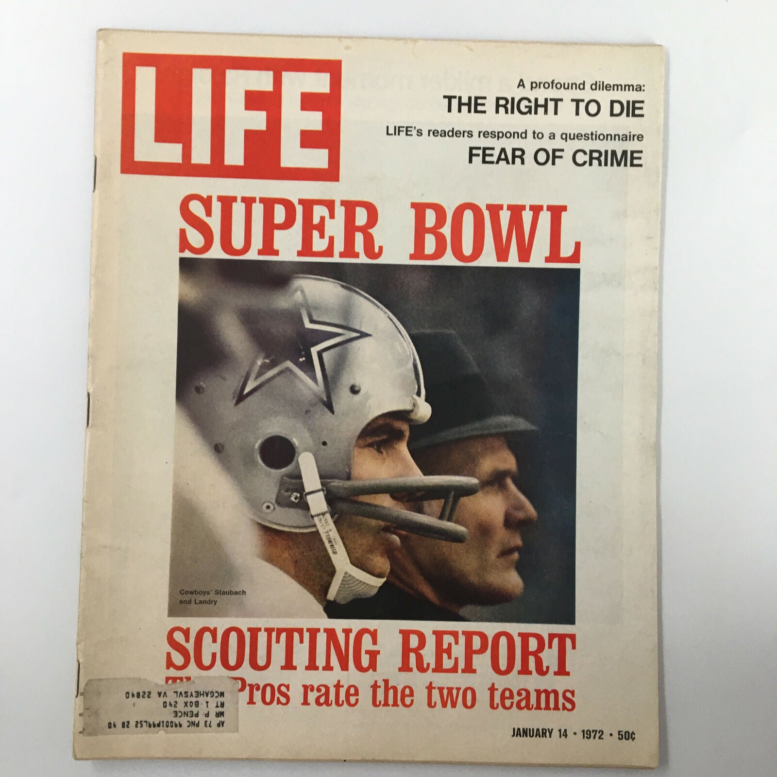 Vintage Life Magazine cover from January 14, 1972 featuring Cowboys' Roger Staubach and Tom Landry, showcasing football history and Super Bowl scouting report.