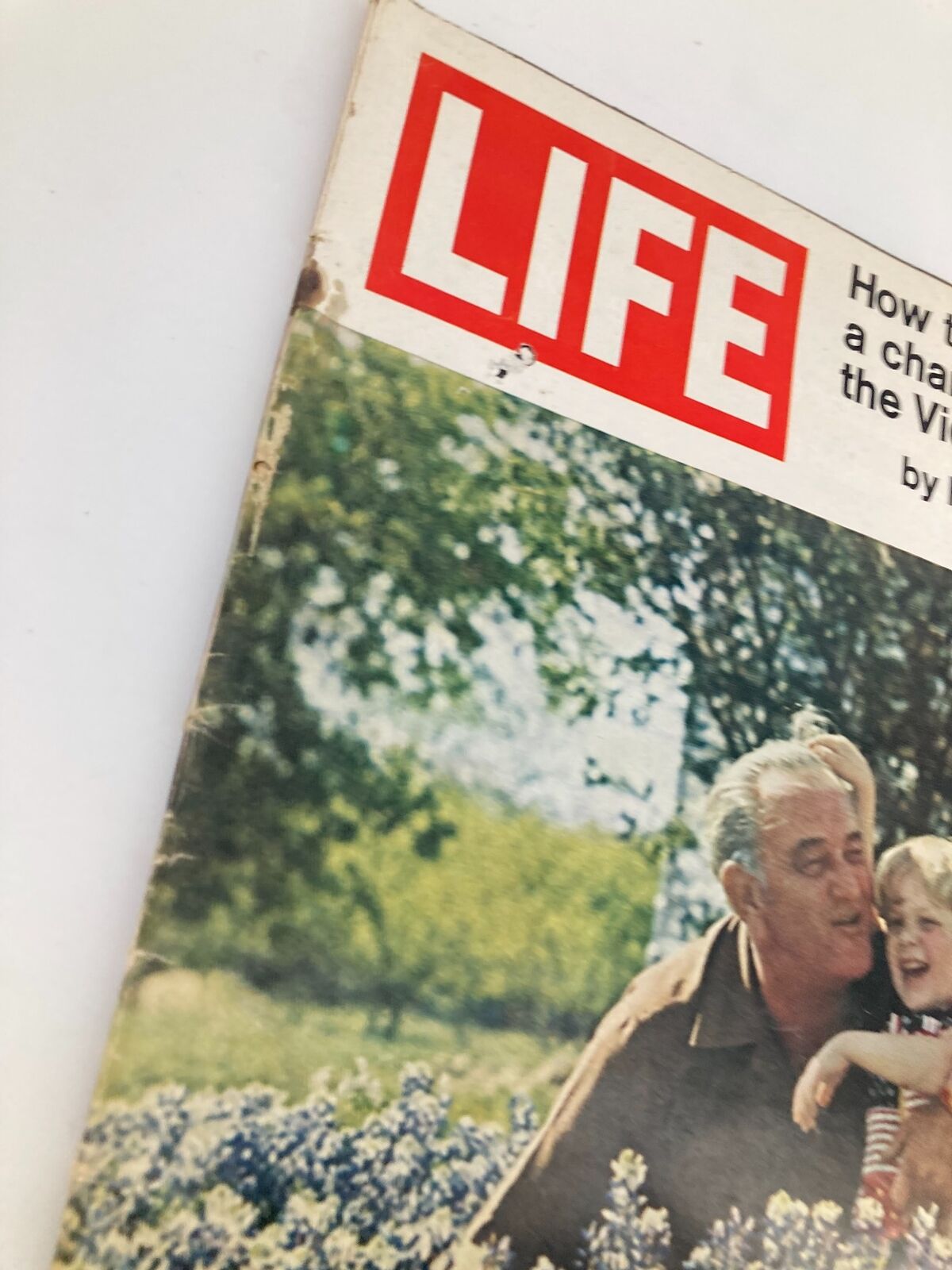 Close-up view of the VTG Life Magazine cover from May 21, 1971, showing Lyndon B. Johnson and his grandson with the title 'L.B.J. Back Home' and subtitle discussing Vietnam War insights.