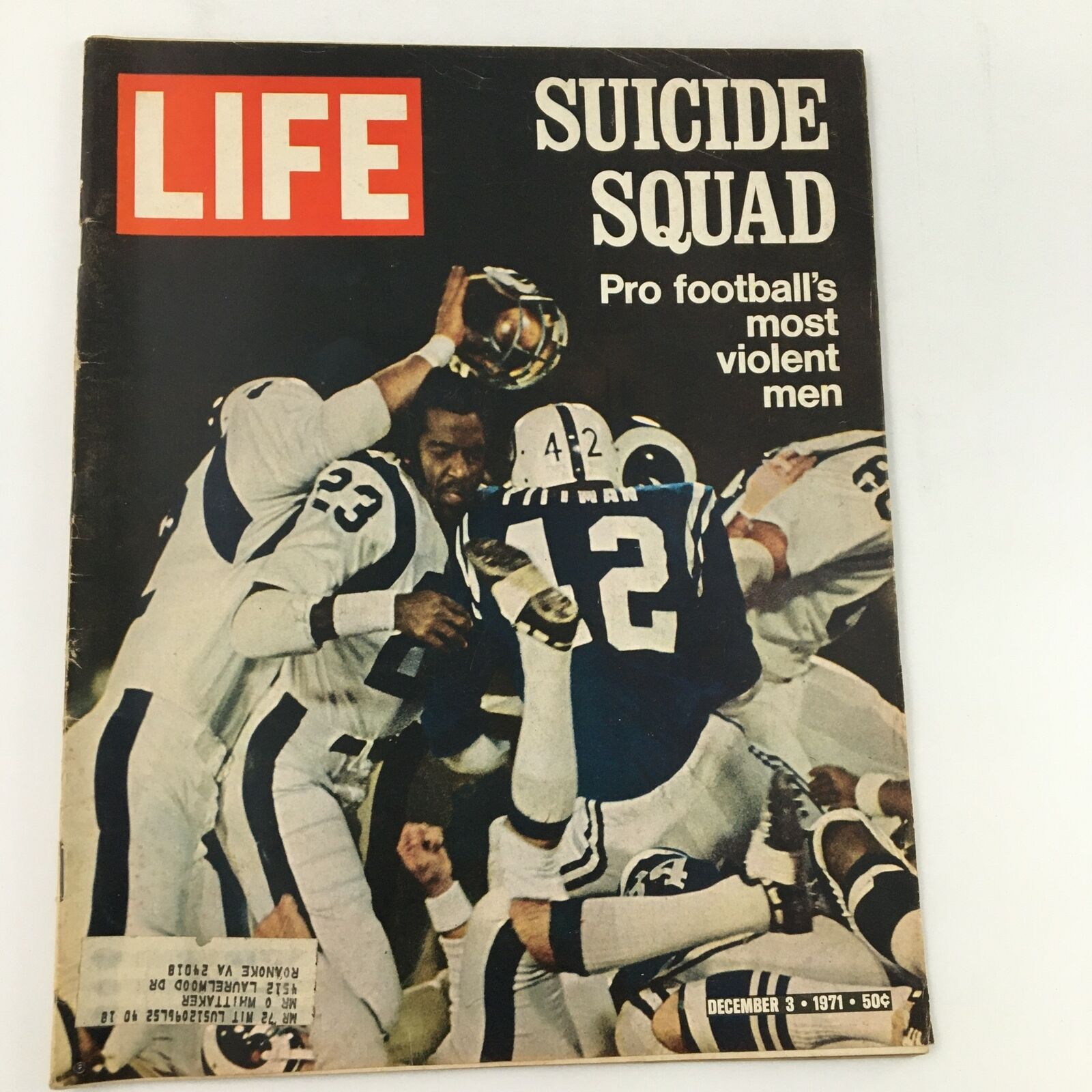 Vintage Life Magazine cover from December 3, 1971, featuring the title 'Suicide Squad of Pro Football,' showcasing intense action among football players.