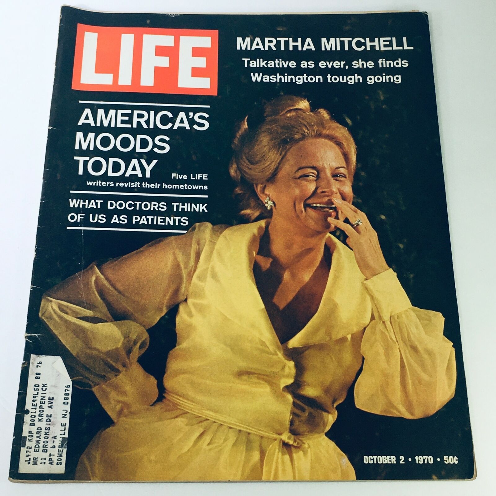 VTG Life Magazine October 2 1970 cover featuring Martha Mitchell, with the headline 'America's Moods Today' highlighting insights into U.S. sentiments from the early 1970s.