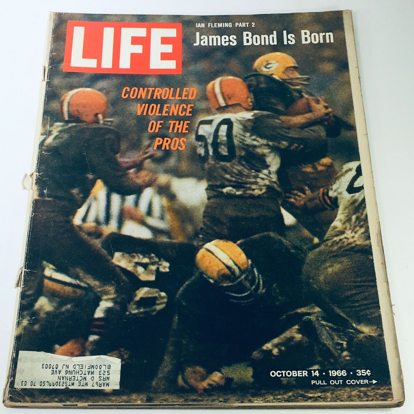 Cover of VTG Life Magazine October 14, 1966 featuring 'James Bond Is Born' by Ian Fleming, showcasing a dynamic sports scene in vibrant colors.