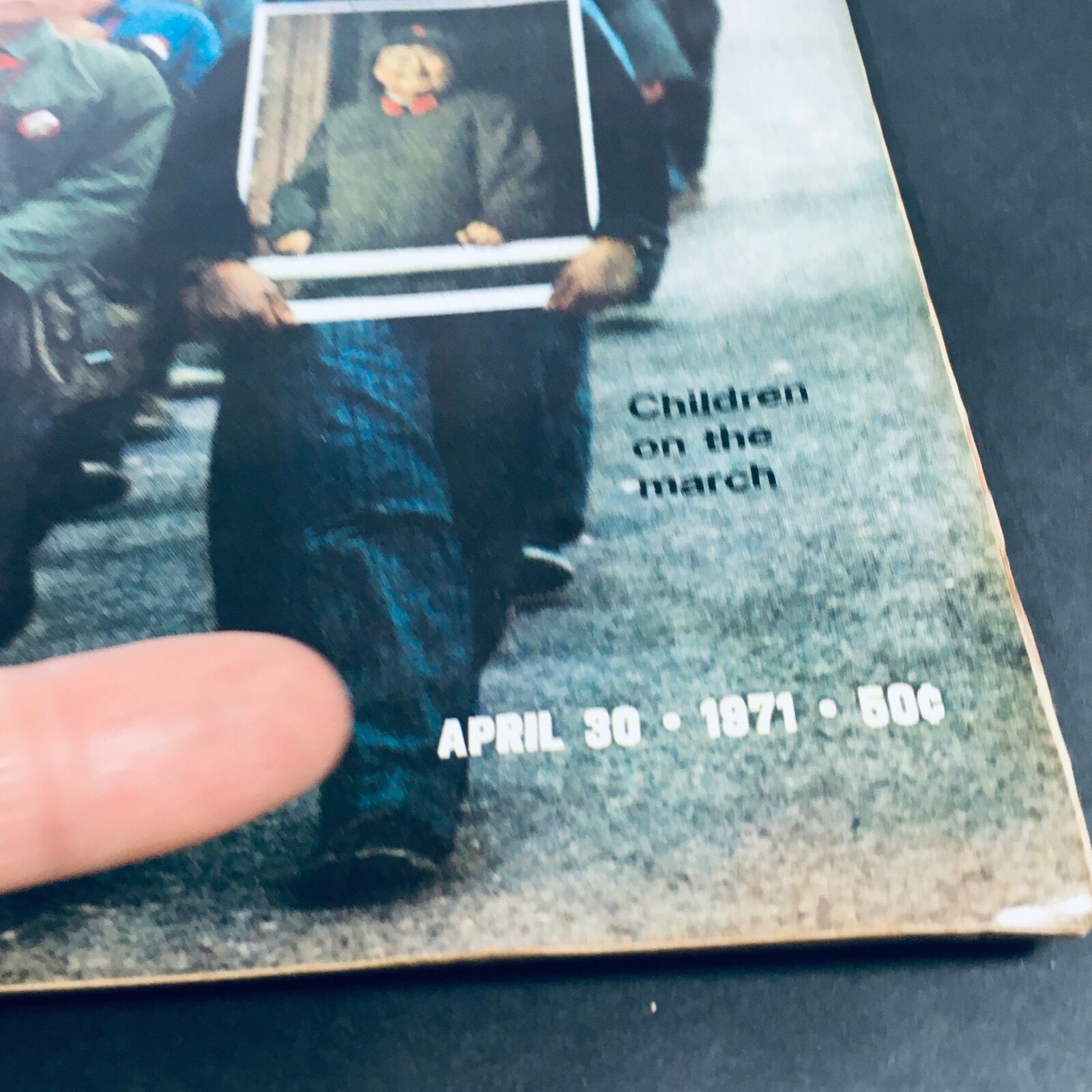 Close-up of the VTG Life Magazine April 30 1971 cover showing the words 'Children on the march' and the publication date, emphasizing the historical significance of the issue.